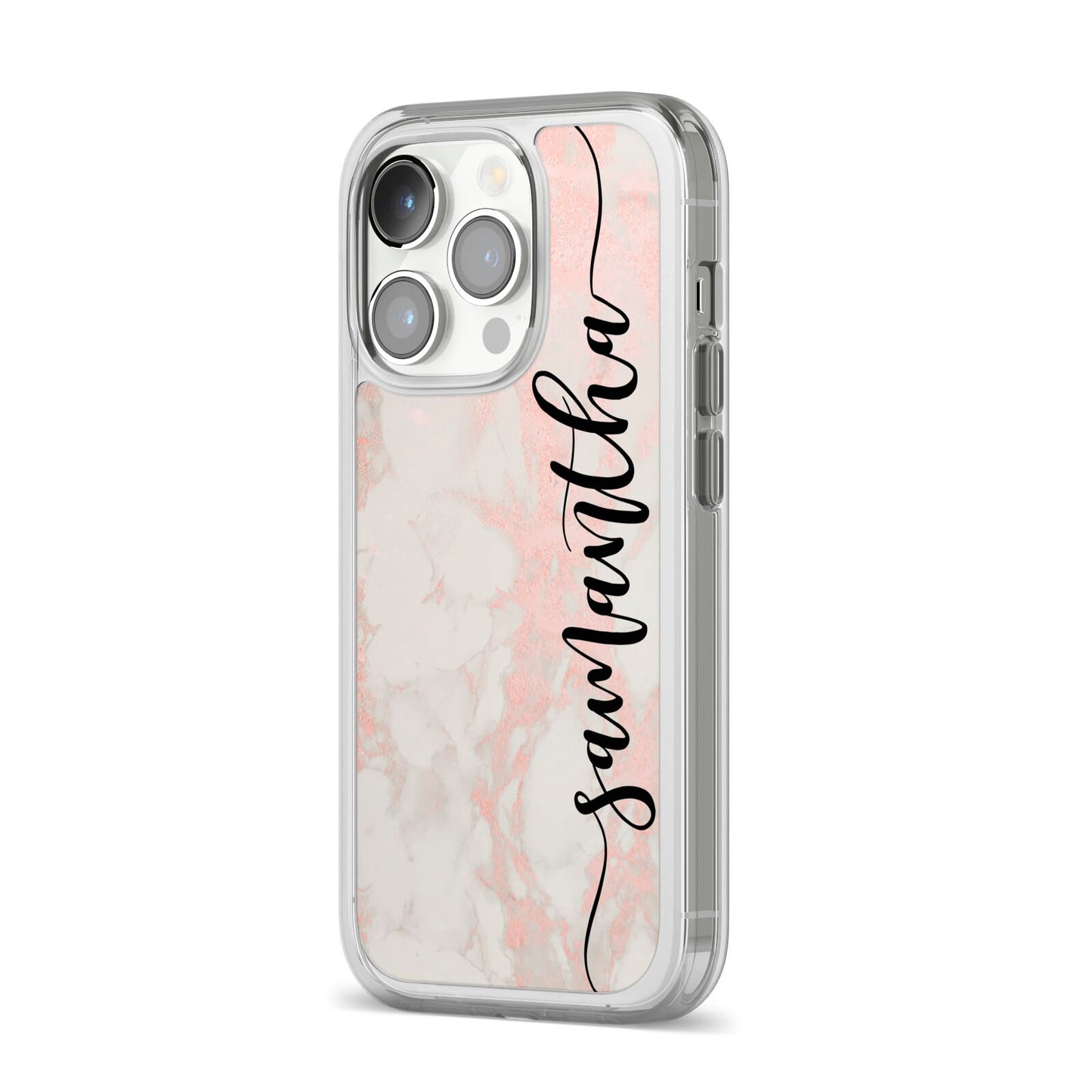 Pink Marble Vertical Black Personalised Name iPhone 14 Pro Clear Tough Case Silver Angled Image
