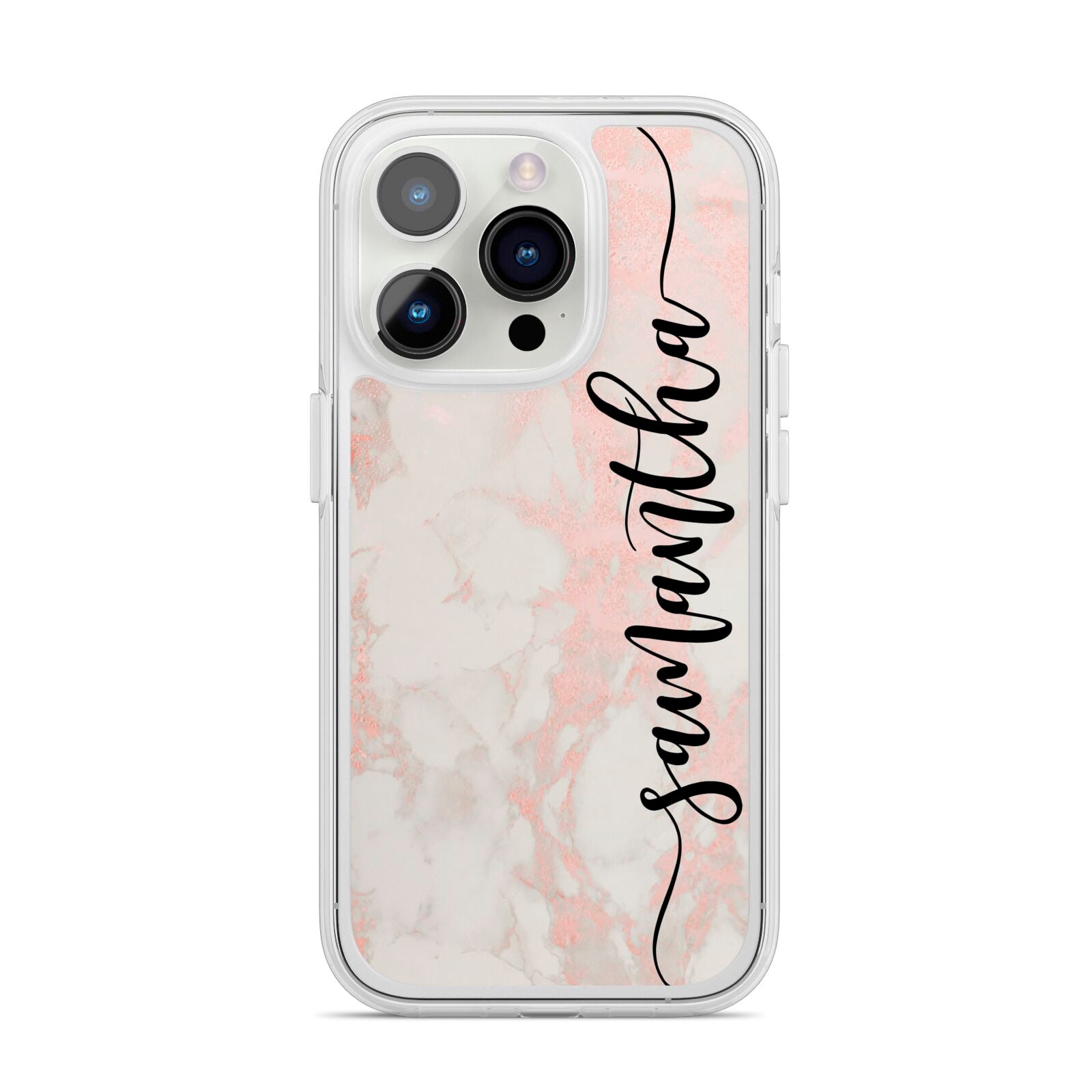 Pink Marble Vertical Black Personalised Name iPhone 14 Pro Clear Tough Case Silver