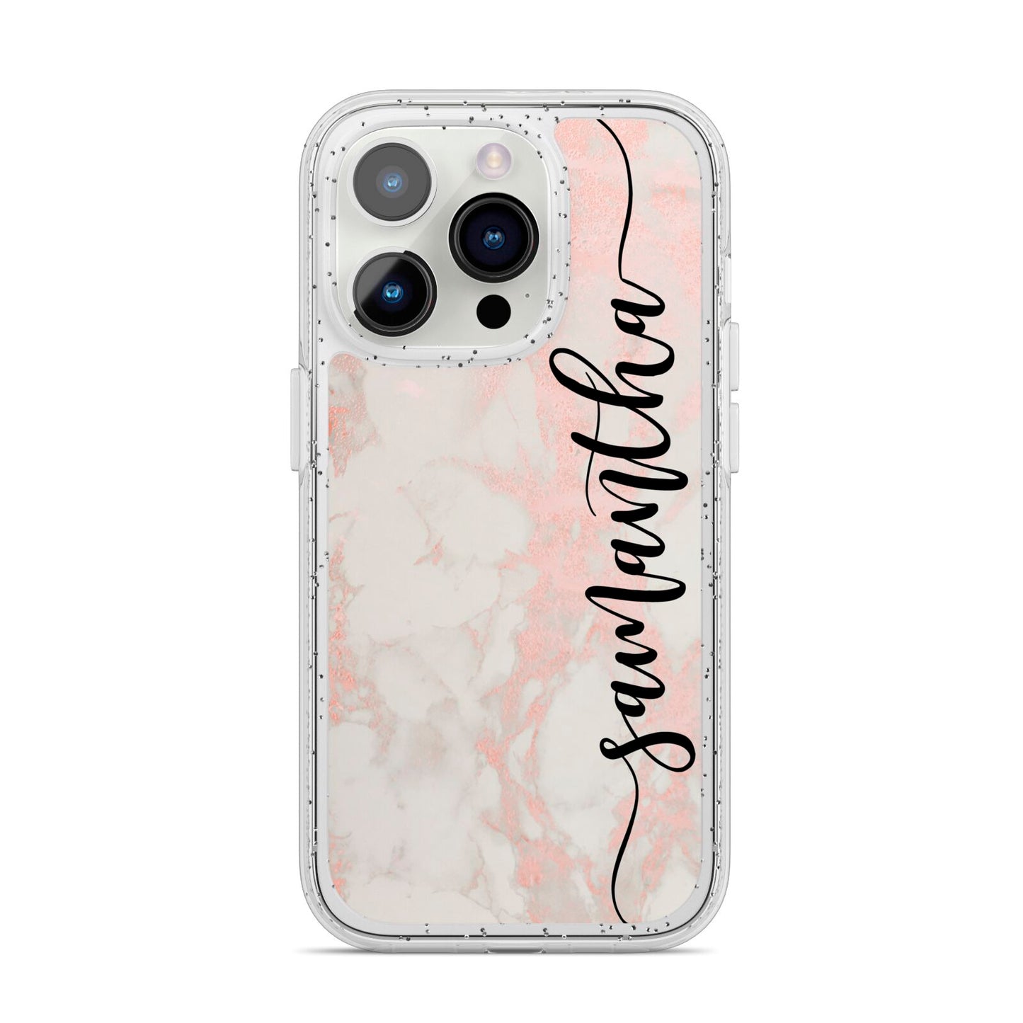 Pink Marble Vertical Black Personalised Name iPhone 14 Pro Glitter Tough Case Silver