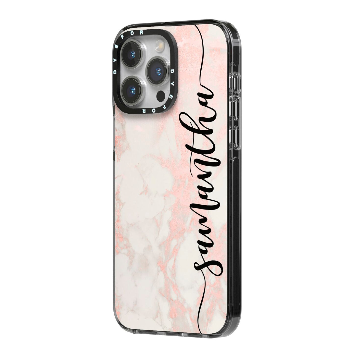 Pink Marble Vertical Black Personalised Name iPhone 14 Pro Max Black Impact Case Side Angle on Silver phone