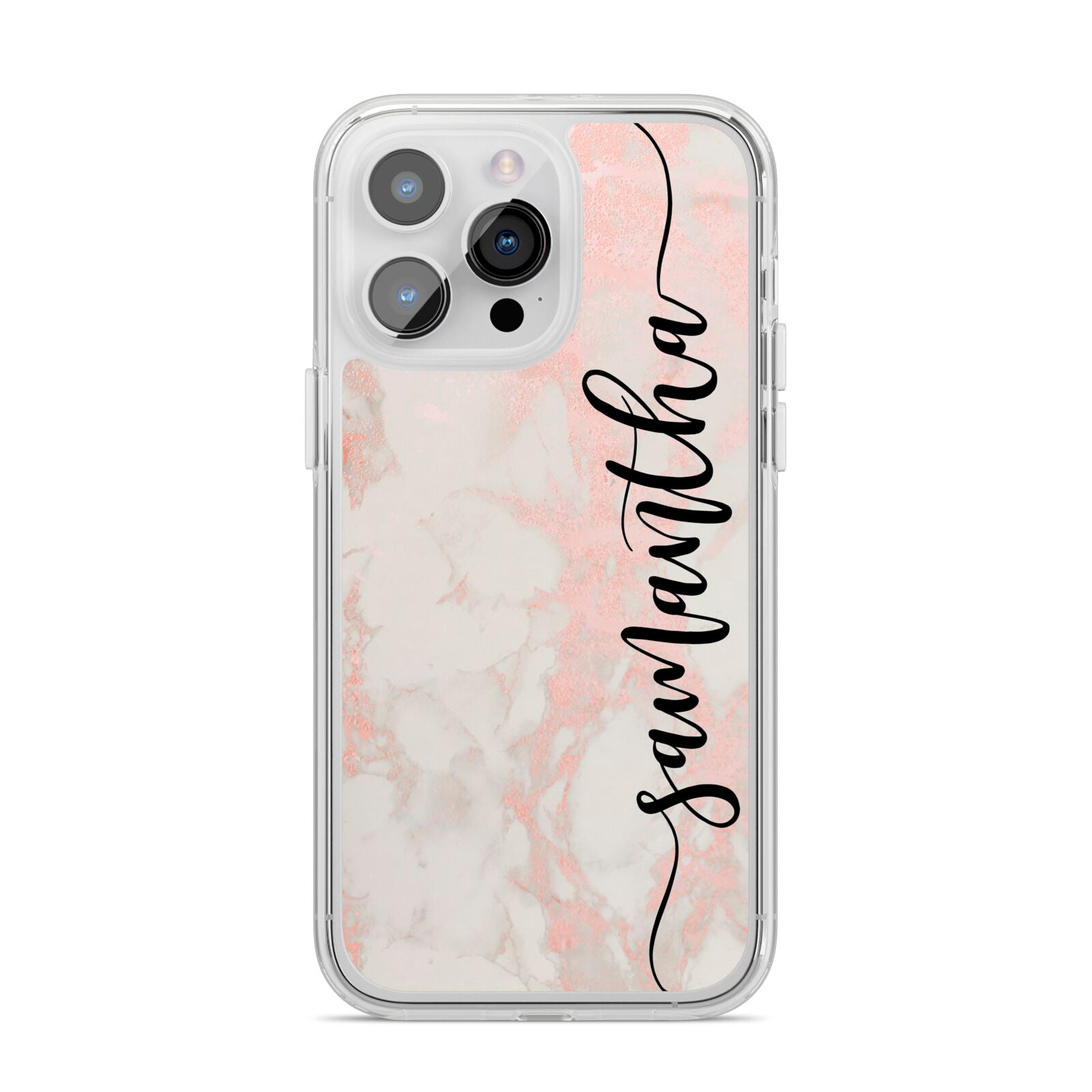Pink Marble Vertical Black Personalised Name iPhone 14 Pro Max Clear Tough Case Silver