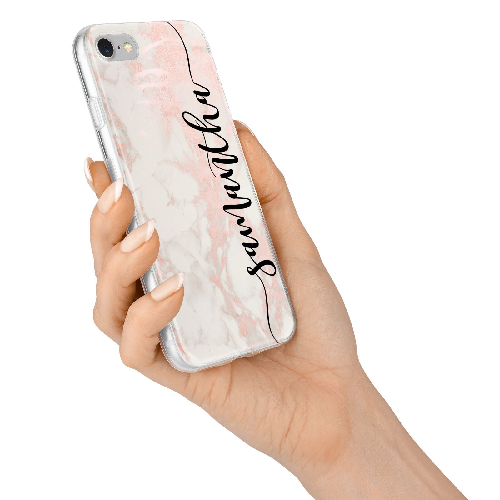 Pink Marble Vertical Black Personalised Name iPhone 7 Bumper Case on Silver iPhone Alternative Image