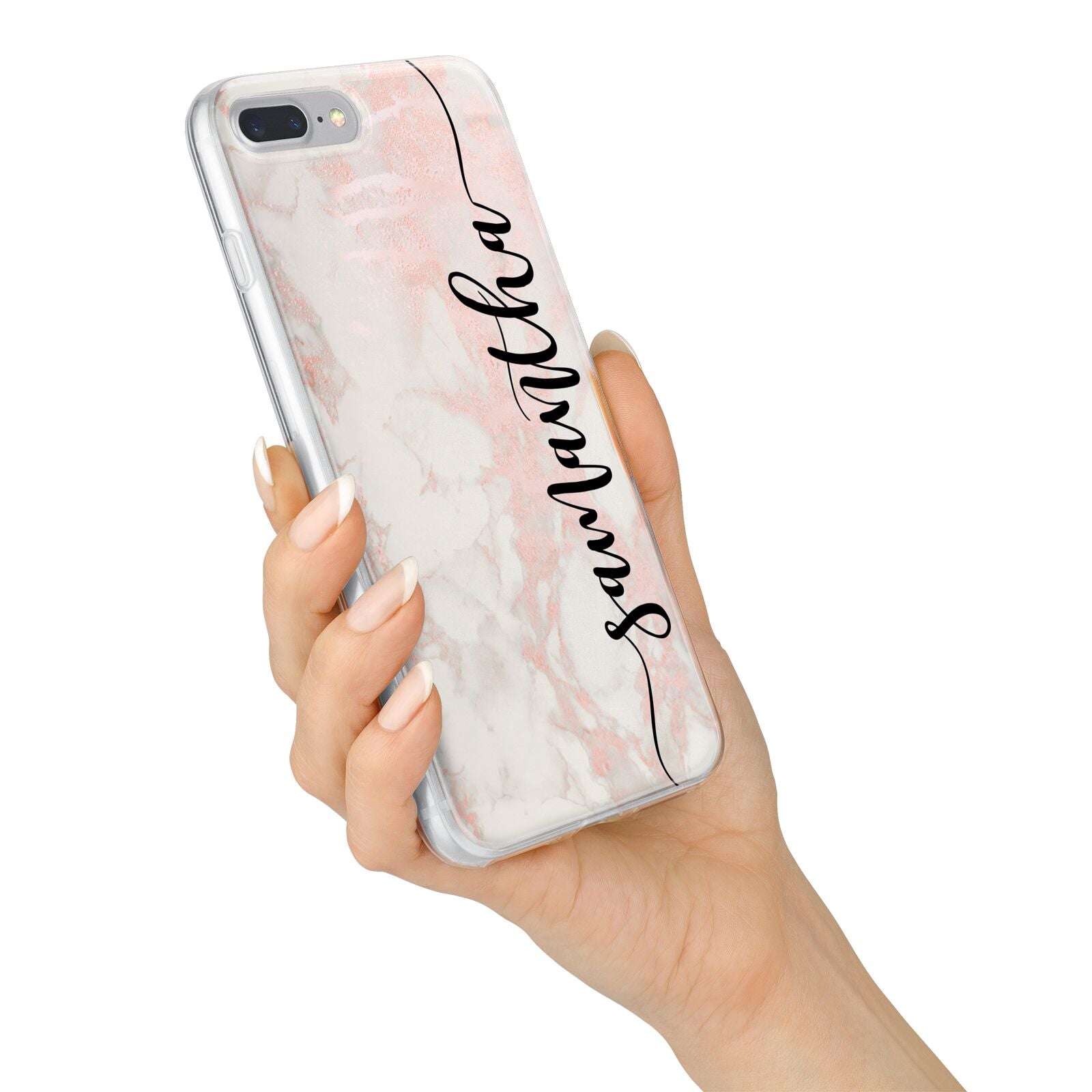 Pink Marble Vertical Black Personalised Name iPhone 7 Plus Bumper Case on Silver iPhone Alternative Image