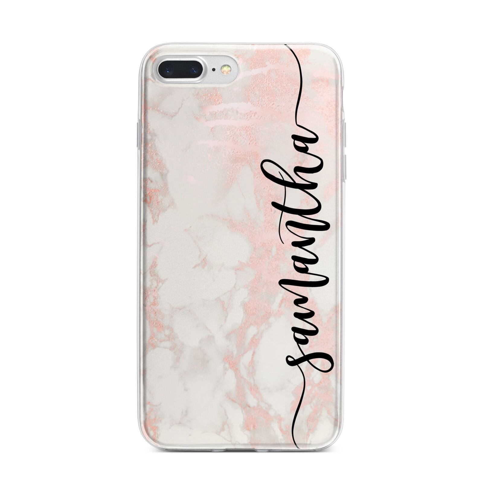 Pink Marble Vertical Black Personalised Name iPhone 7 Plus Bumper Case on Silver iPhone
