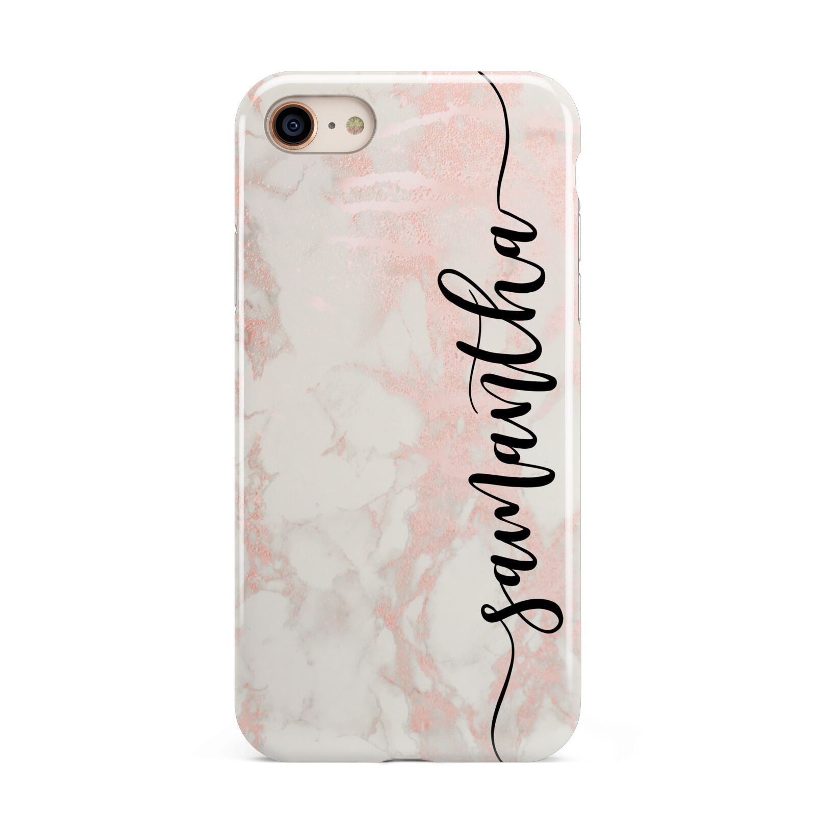 Pink Marble Vertical Black Personalised Name iPhone 8 3D Tough Case on Gold Phone