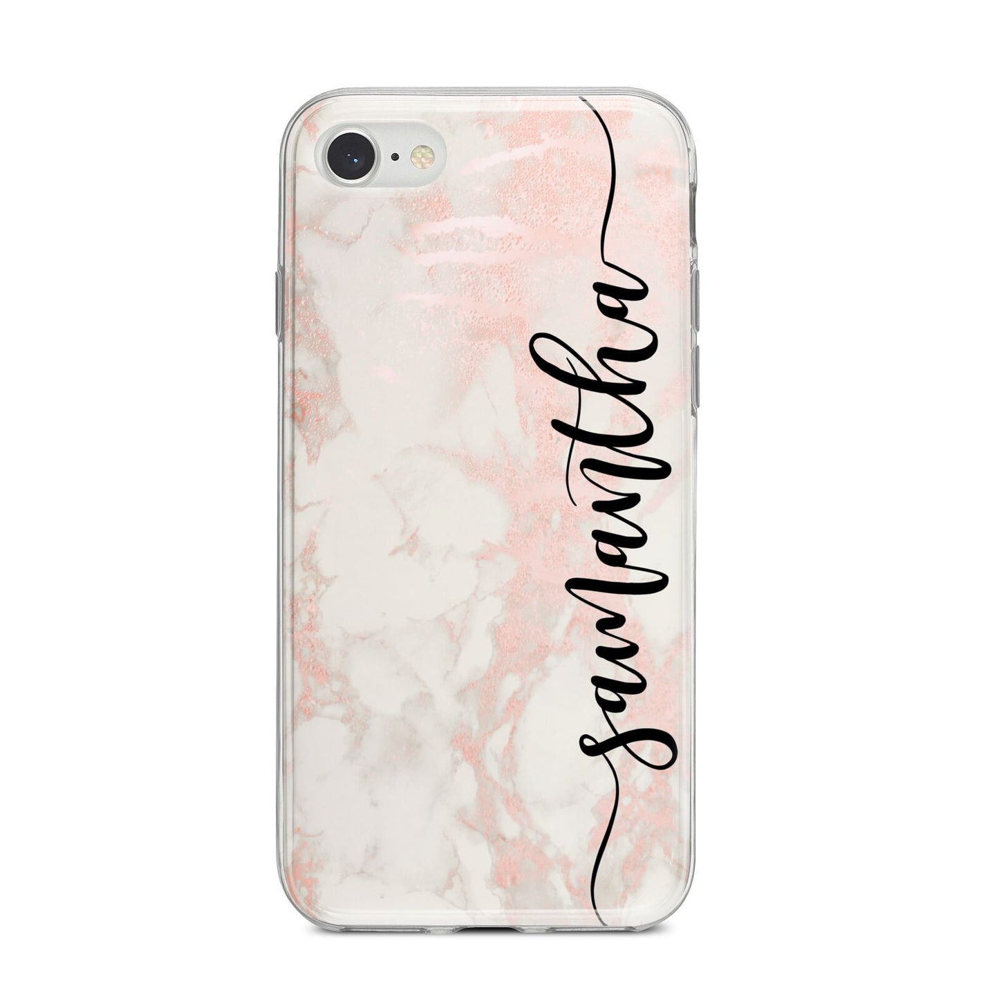 Pink Marble Vertical Black Personalised Name iPhone 8 Bumper Case on Silver iPhone