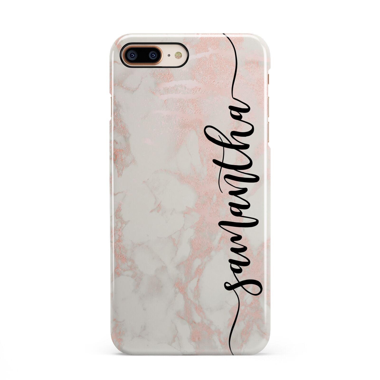 Pink Marble Vertical Black Personalised Name iPhone 8 Plus 3D Snap Case on Gold Phone
