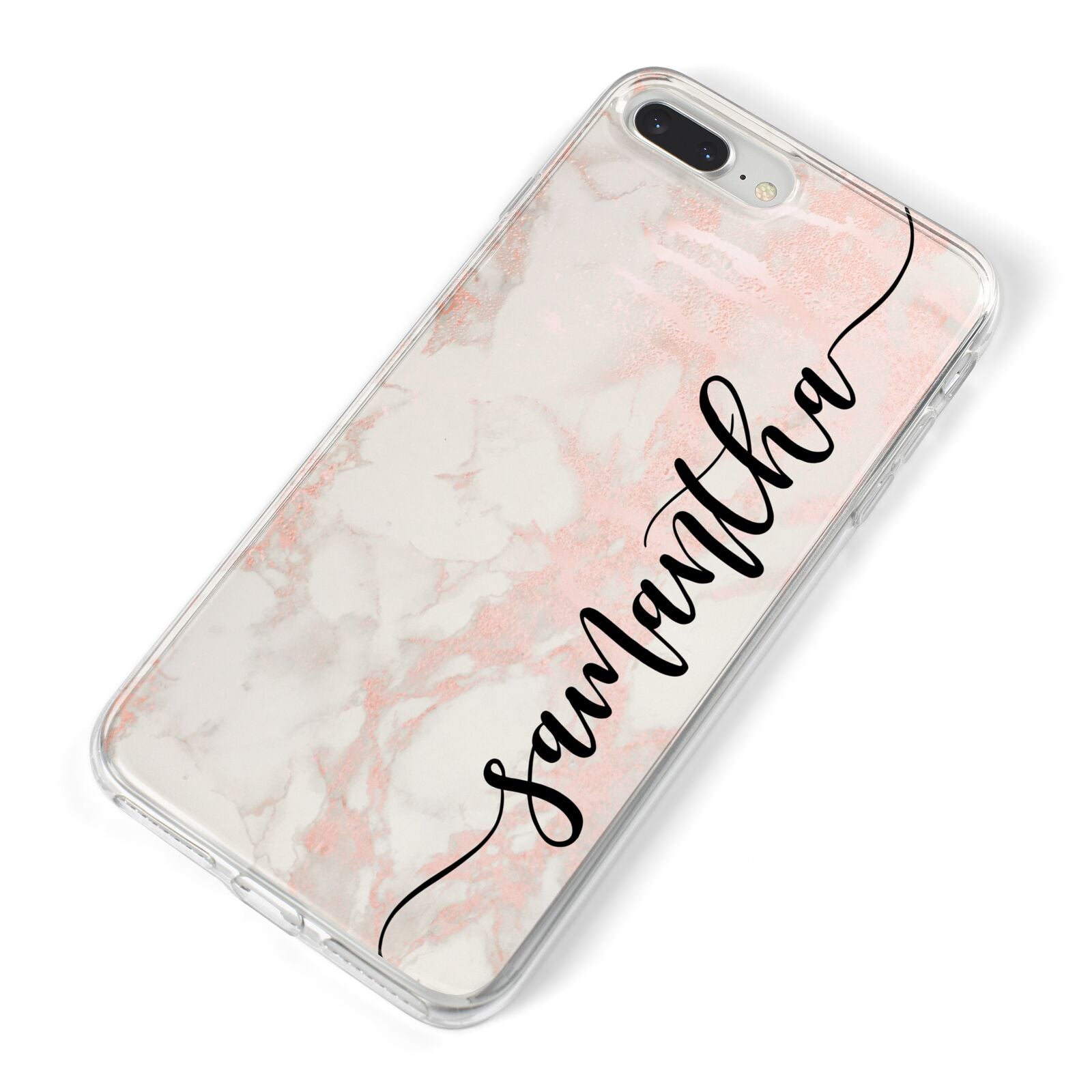 Pink Marble Vertical Black Personalised Name iPhone 8 Plus Bumper Case on Silver iPhone Alternative Image