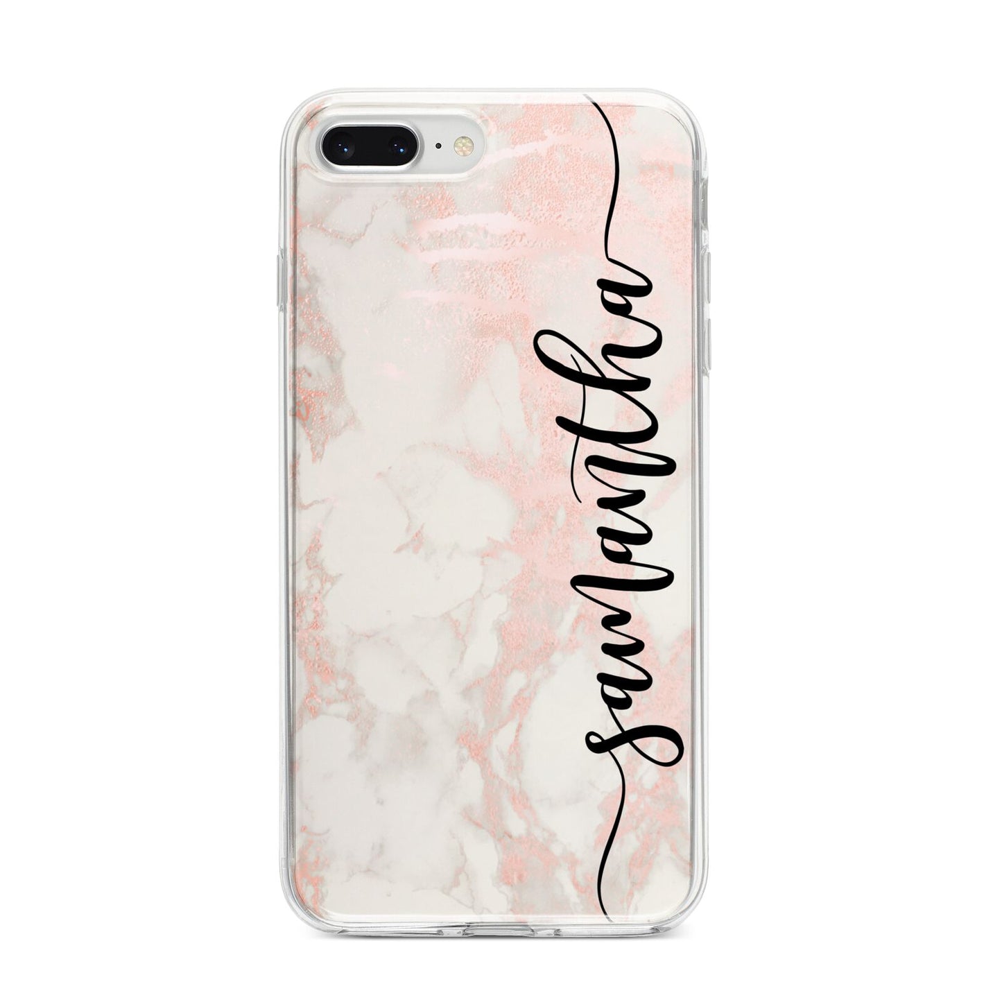 Pink Marble Vertical Black Personalised Name iPhone 8 Plus Bumper Case on Silver iPhone
