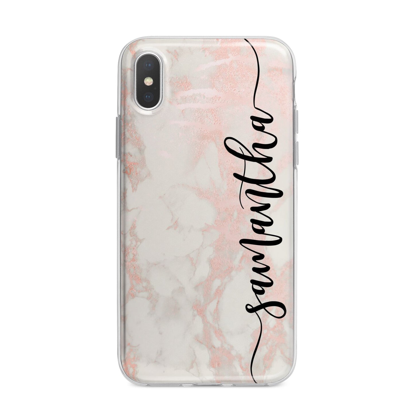 Pink Marble Vertical Black Personalised Name iPhone X Bumper Case on Silver iPhone Alternative Image 1