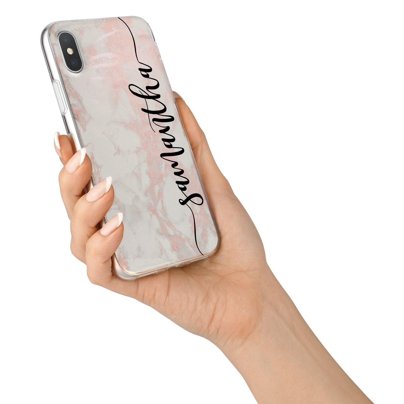 Pink Marble Vertical Black Personalised Name iPhone X Bumper Case on Silver iPhone Alternative Image 2