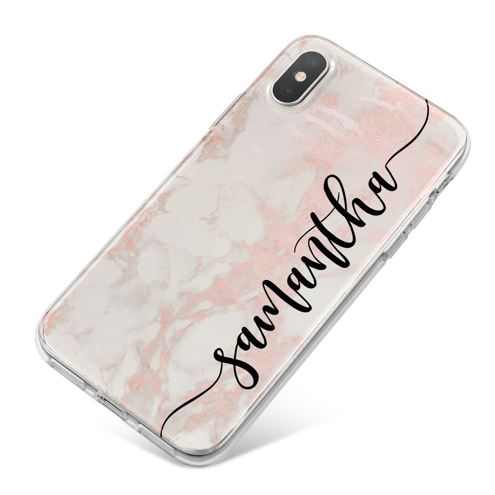 Pink Marble Vertical Black Personalised Name iPhone X Bumper Case on Silver iPhone