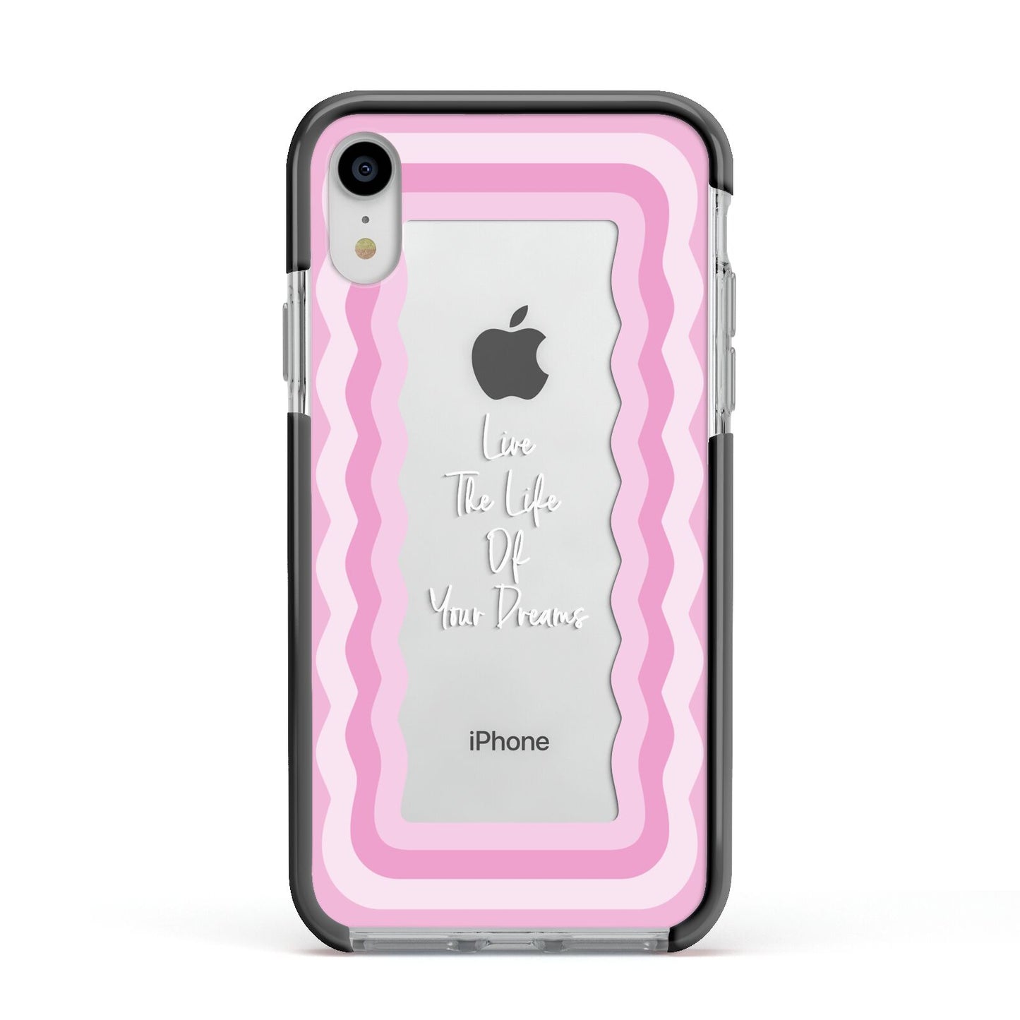 Pink Mirror Quote Apple iPhone XR Impact Case Black Edge on Silver Phone