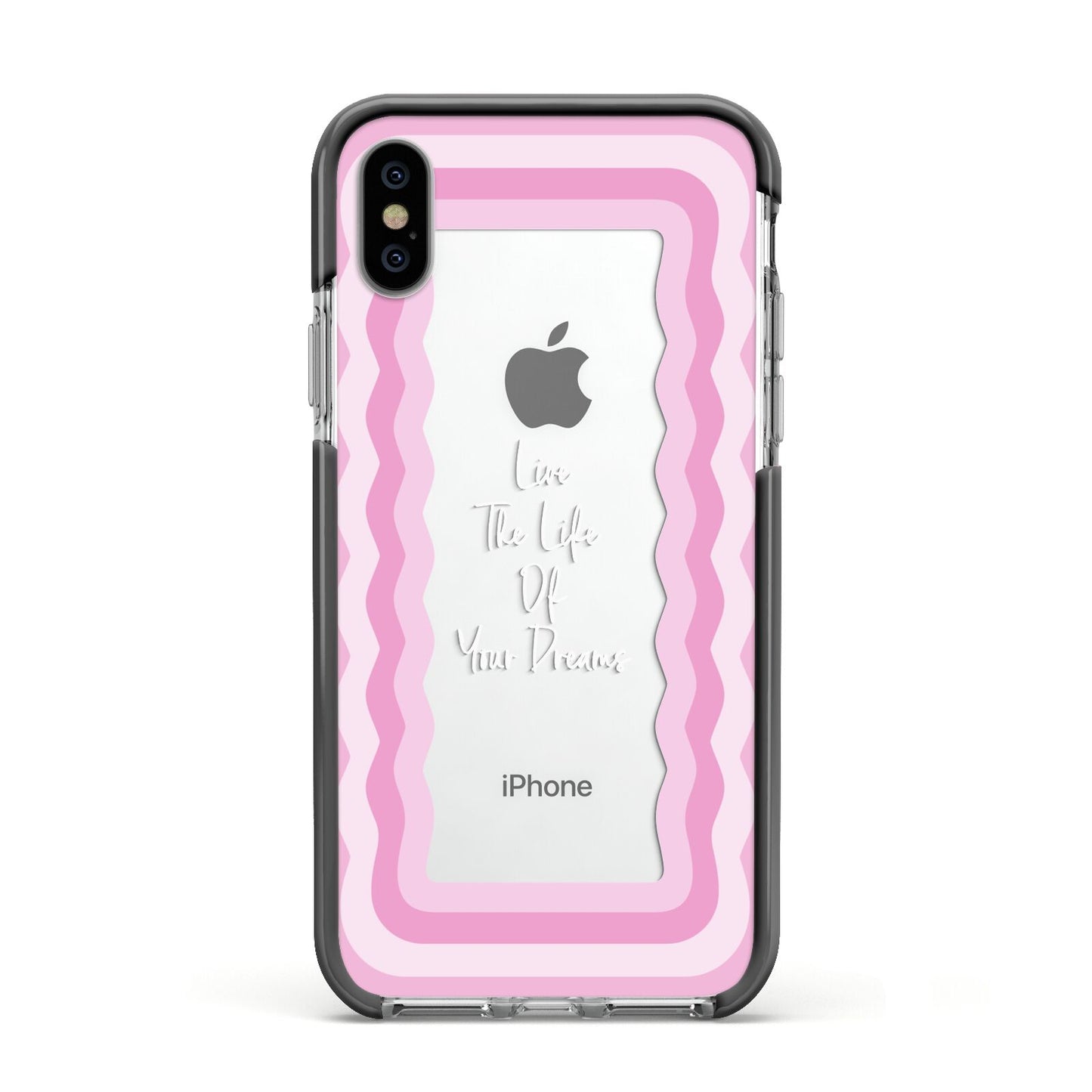 Pink Mirror Quote Apple iPhone Xs Impact Case Black Edge on Silver Phone