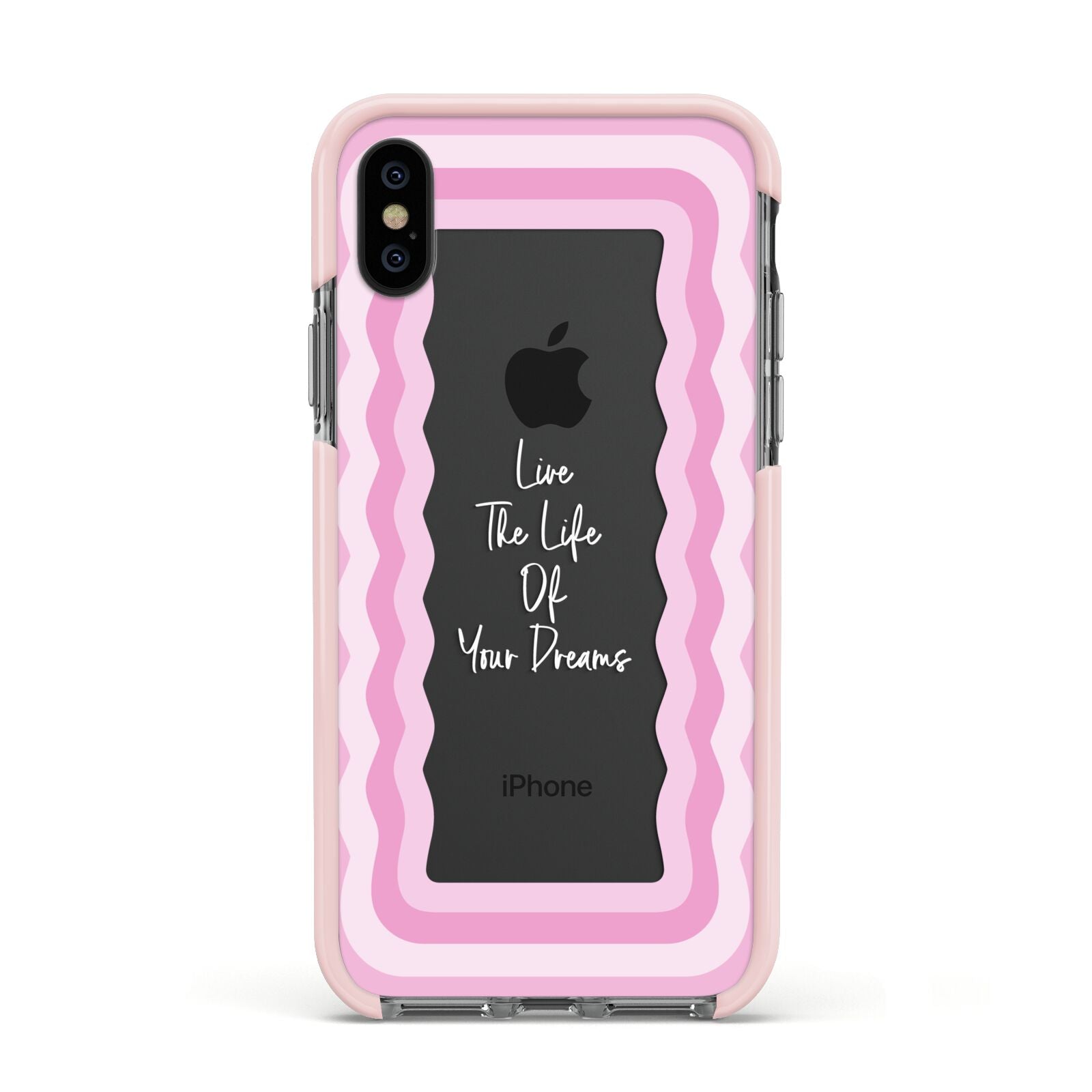 Pink Mirror Quote Apple iPhone Xs Impact Case Pink Edge on Black Phone