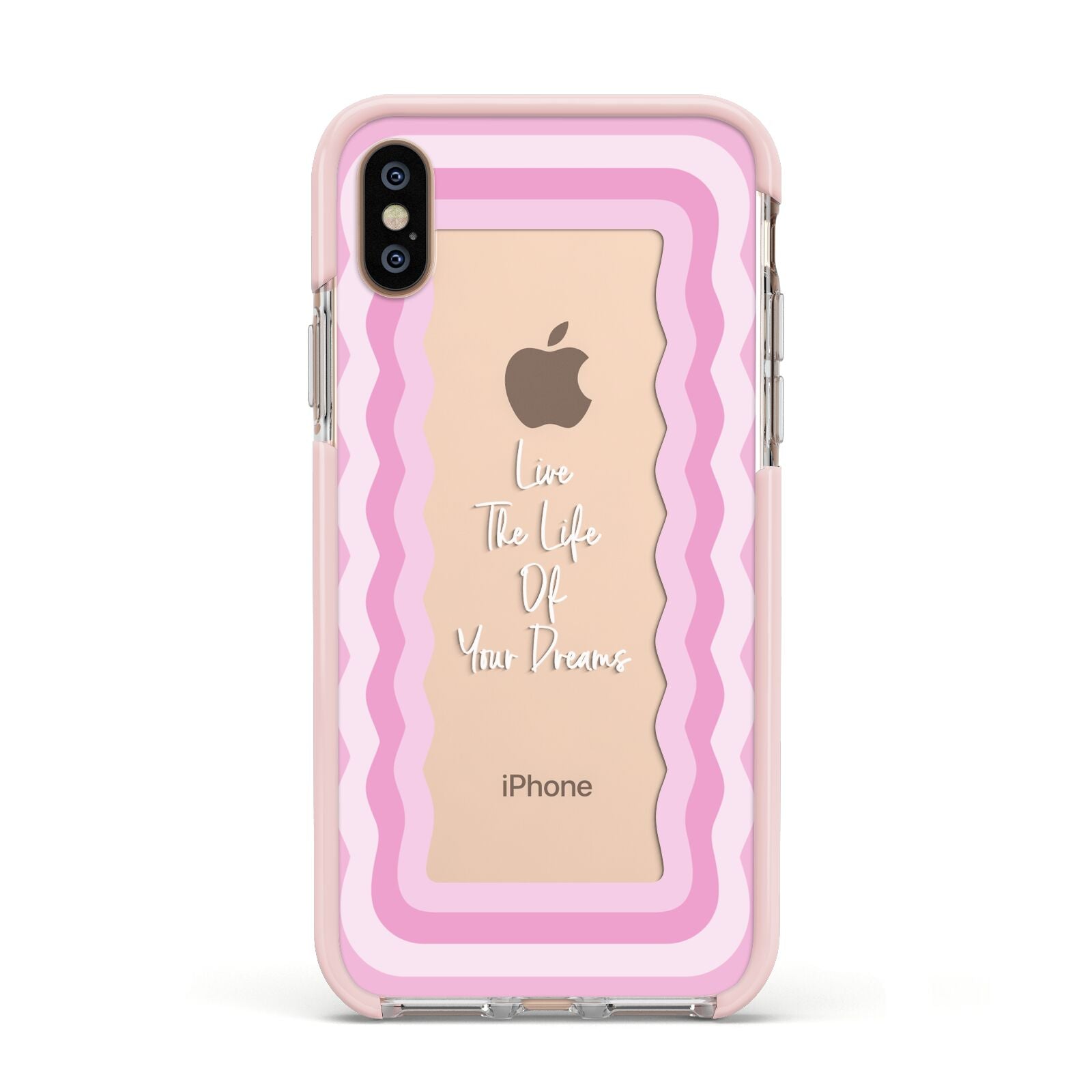 Pink Mirror Quote Apple iPhone Xs Impact Case Pink Edge on Gold Phone