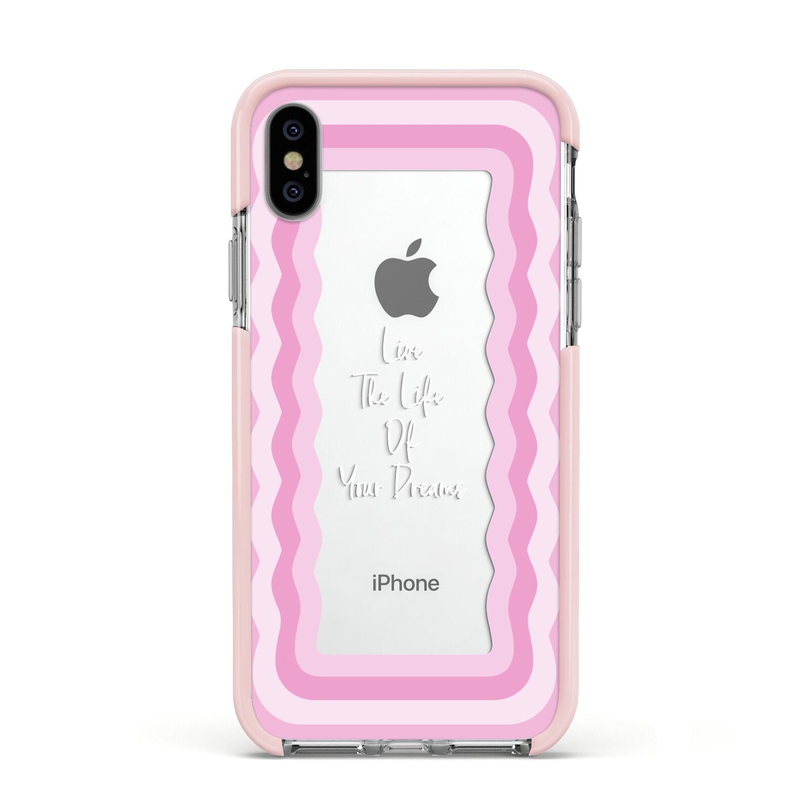 Pink Mirror Quote Apple iPhone Xs Impact Case Pink Edge on Silver Phone