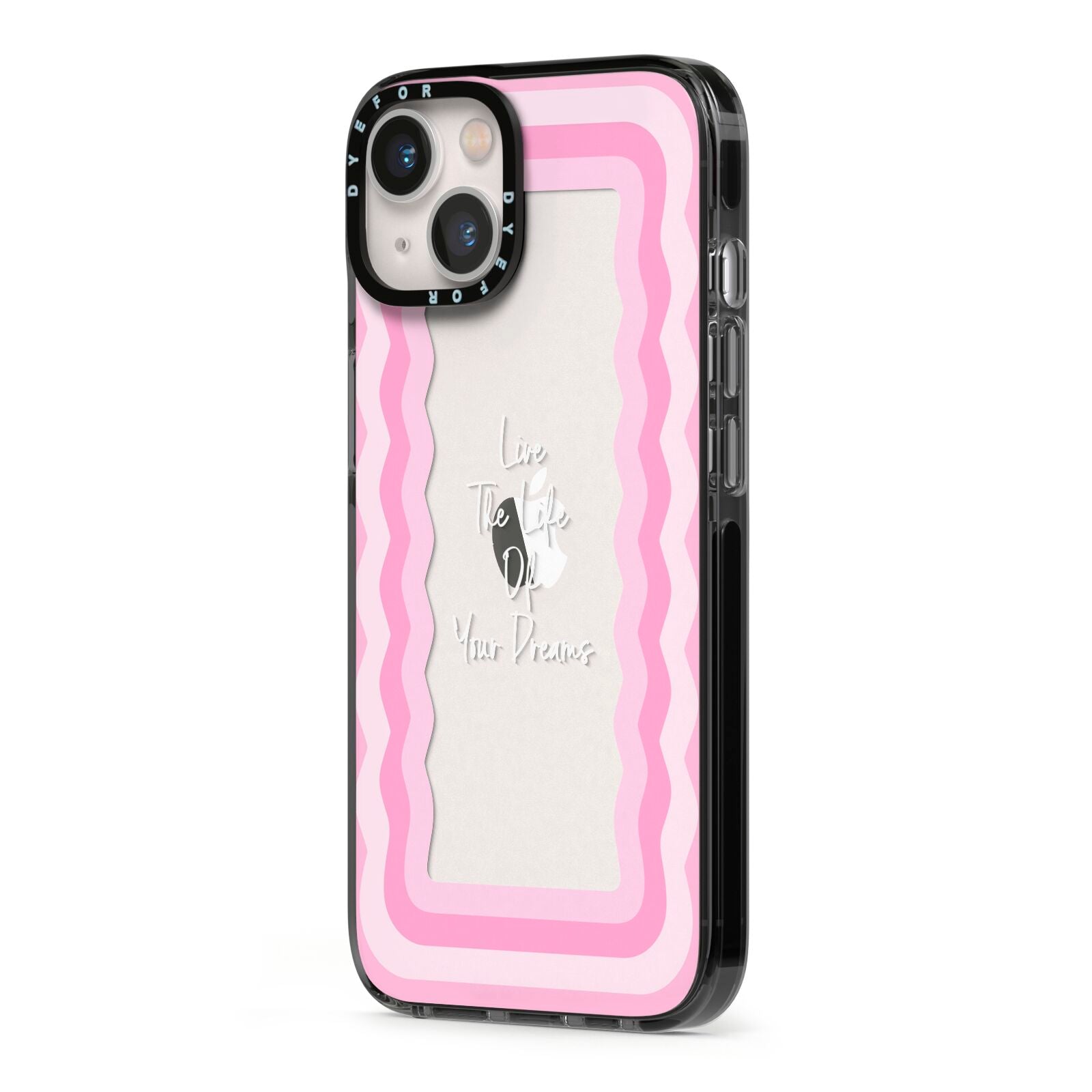 Pink Mirror Quote iPhone 13 Black Impact Case Side Angle on Silver phone