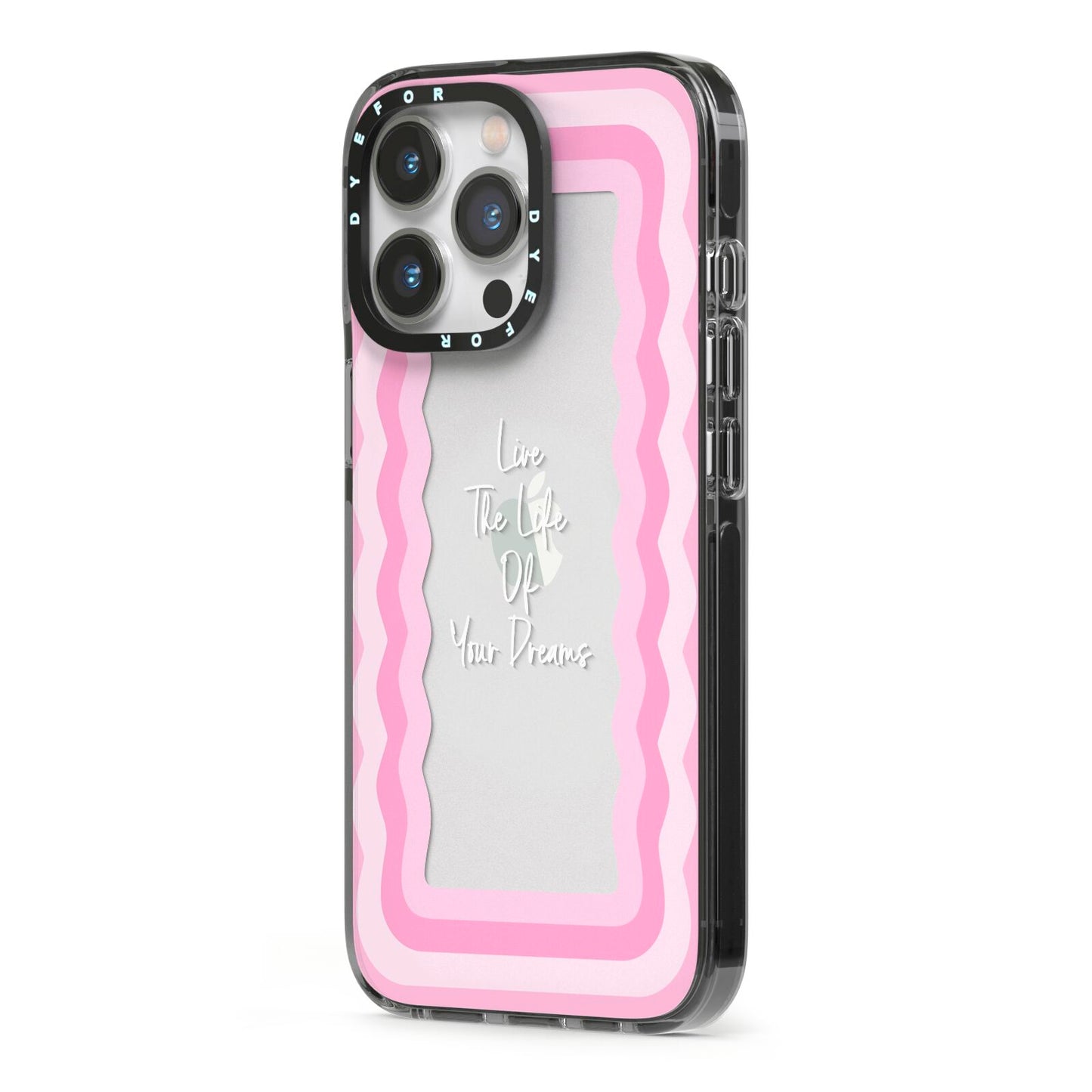 Pink Mirror Quote iPhone 13 Pro Black Impact Case Side Angle on Silver phone