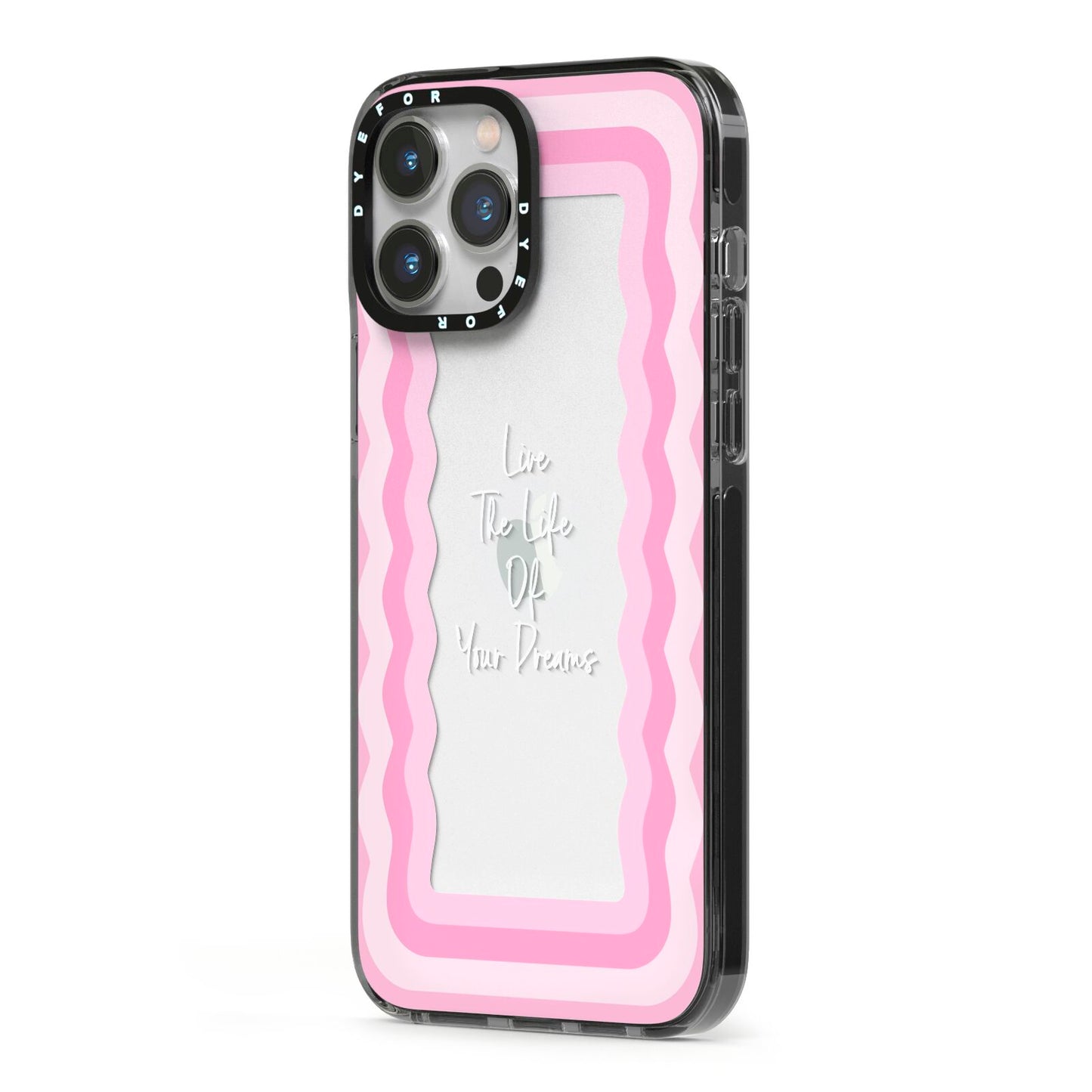 Pink Mirror Quote iPhone 13 Pro Max Black Impact Case Side Angle on Silver phone