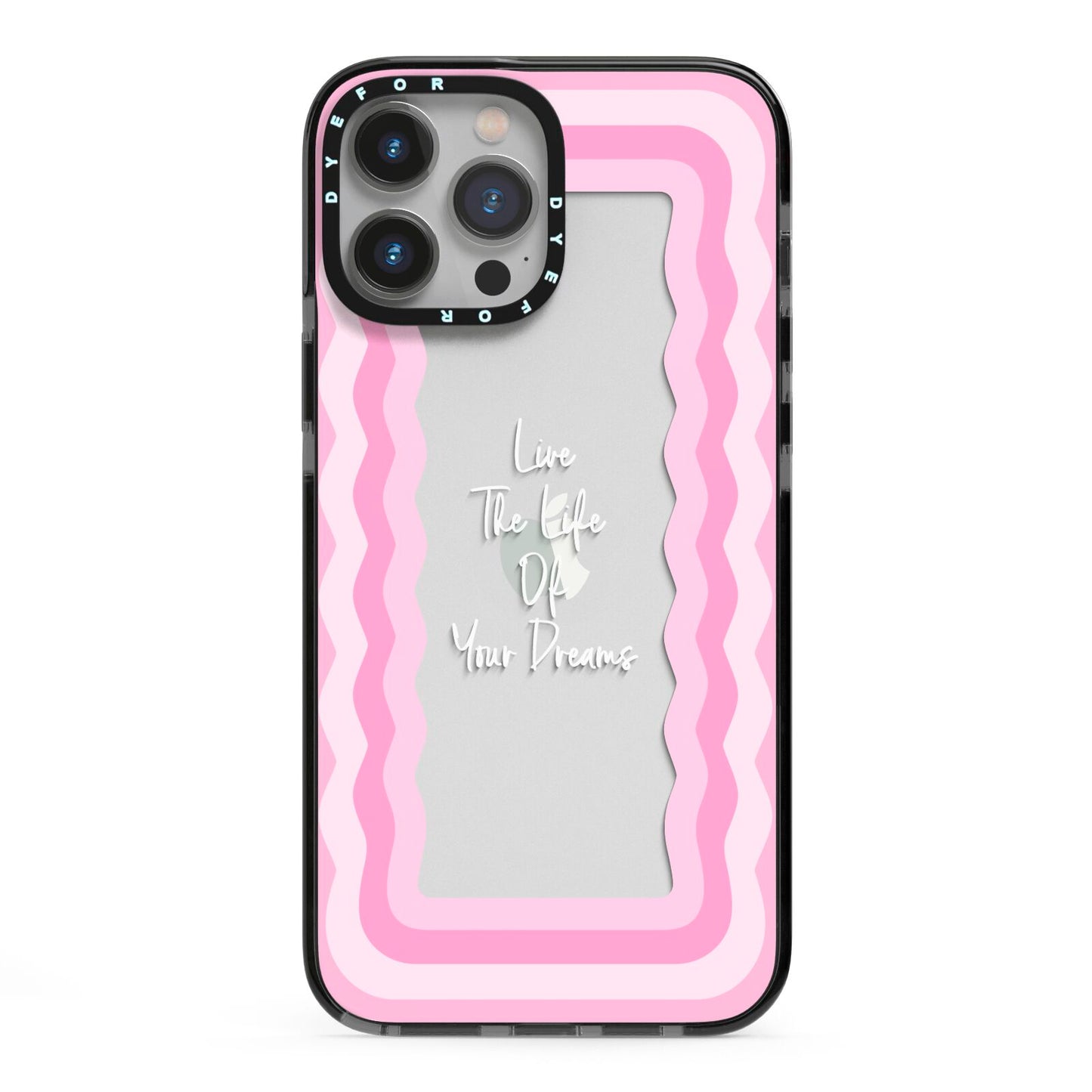 Pink Mirror Quote iPhone 13 Pro Max Black Impact Case on Silver phone