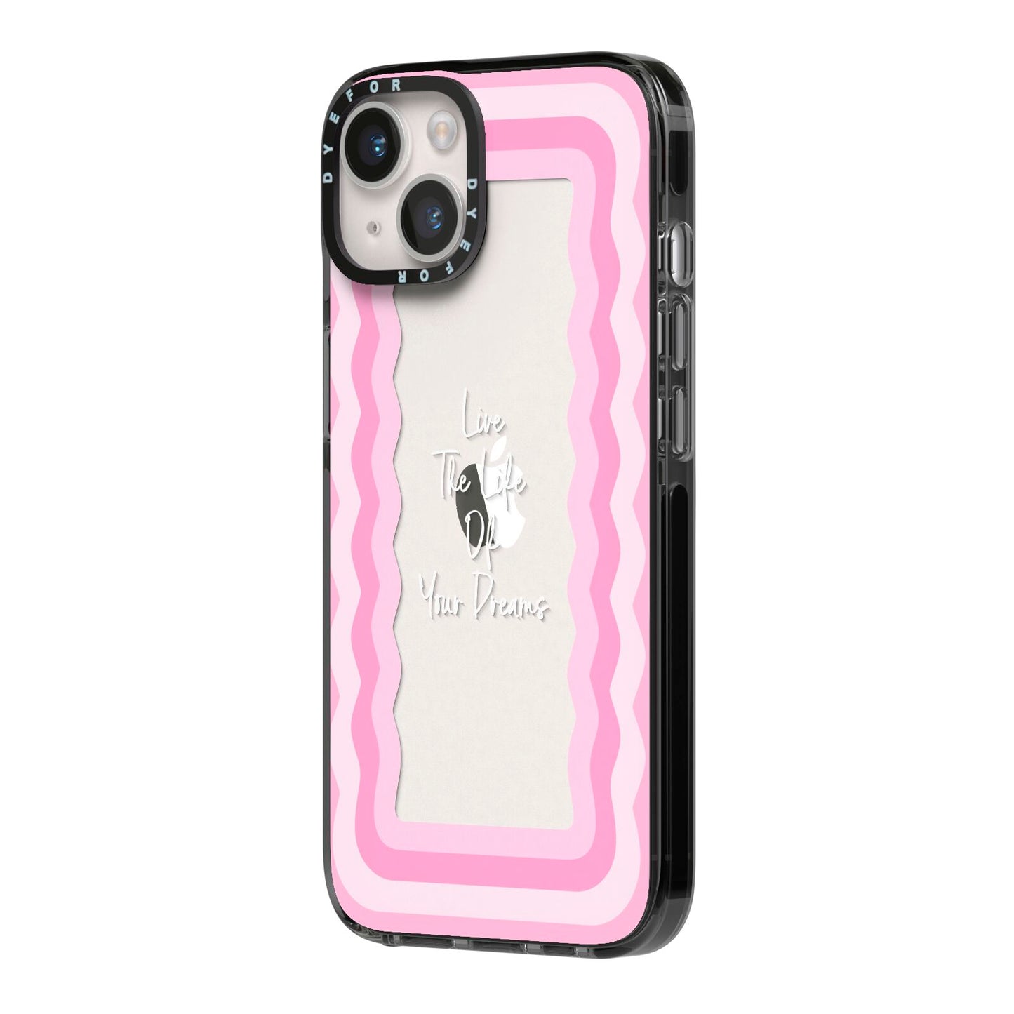 Pink Mirror Quote iPhone 14 Black Impact Case Side Angle on Silver phone