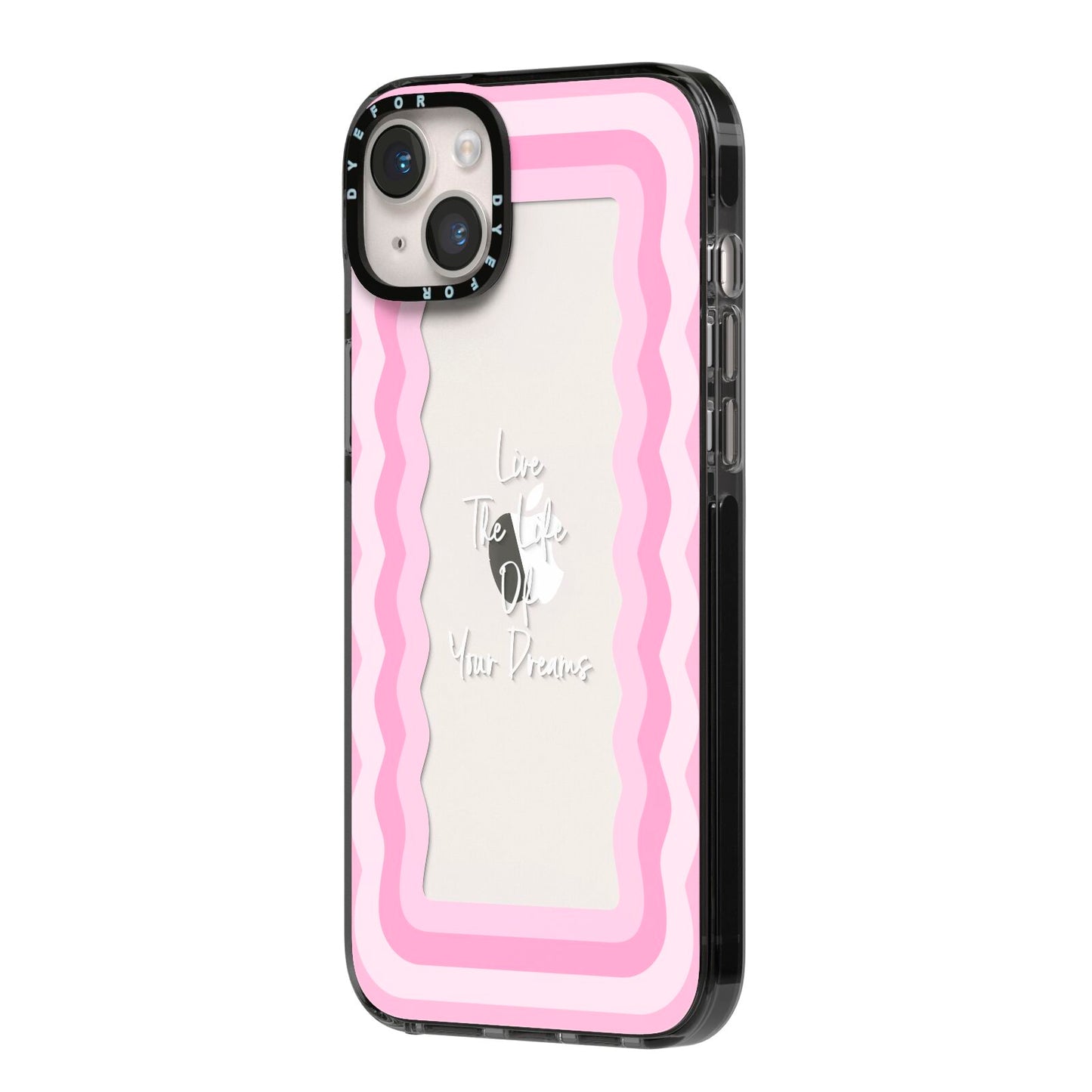 Pink Mirror Quote iPhone 14 Plus Black Impact Case Side Angle on Silver phone