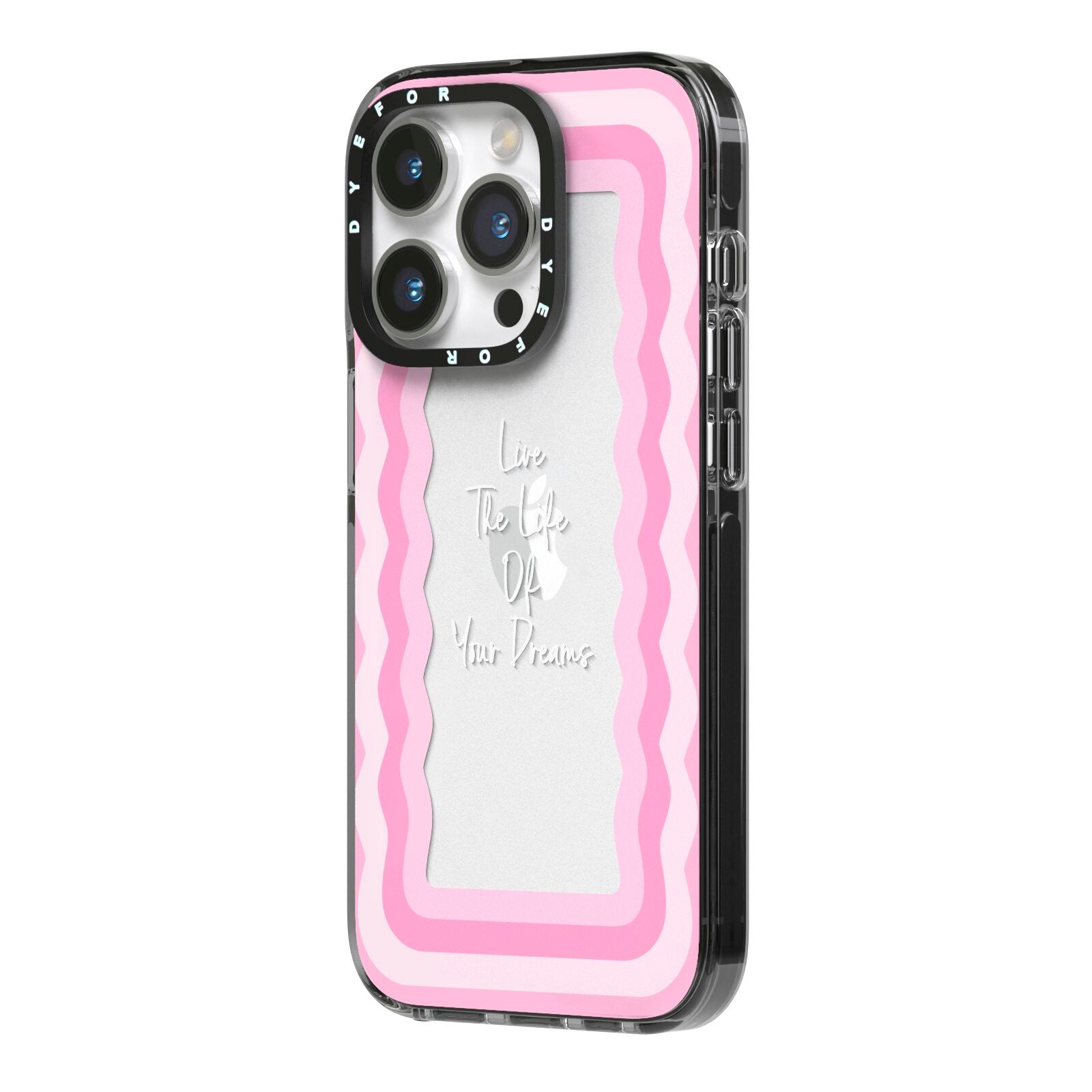 Pink Mirror Quote iPhone 14 Pro Black Impact Case Side Angle on Silver phone