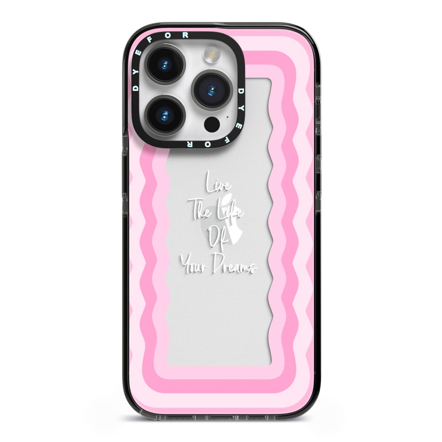 Pink Mirror Quote iPhone 14 Pro Black Impact Case on Silver phone