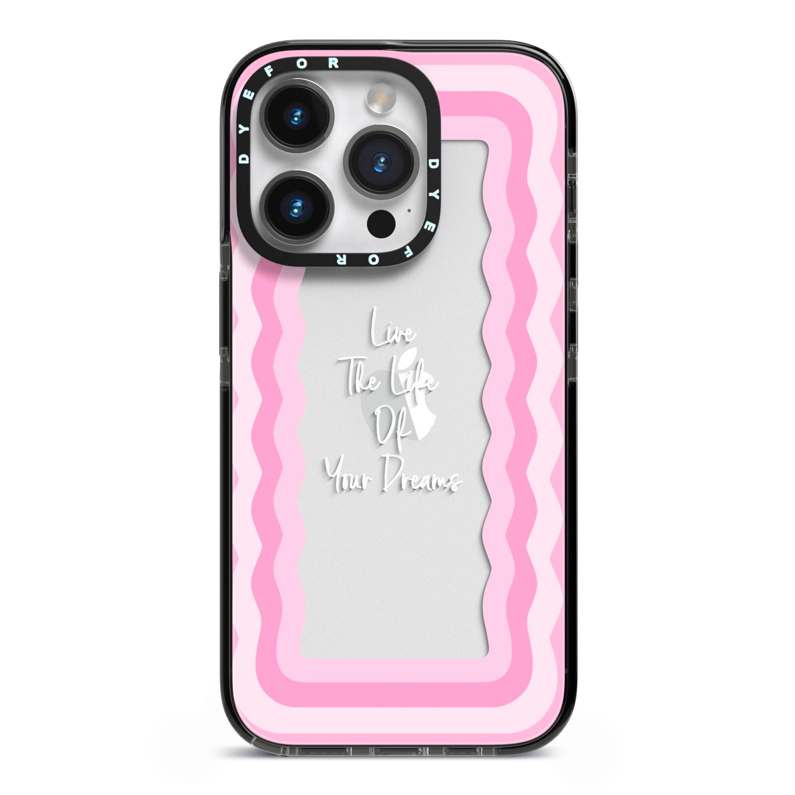 Pink Mirror Quote iPhone 14 Pro Black Impact Case on Silver phone