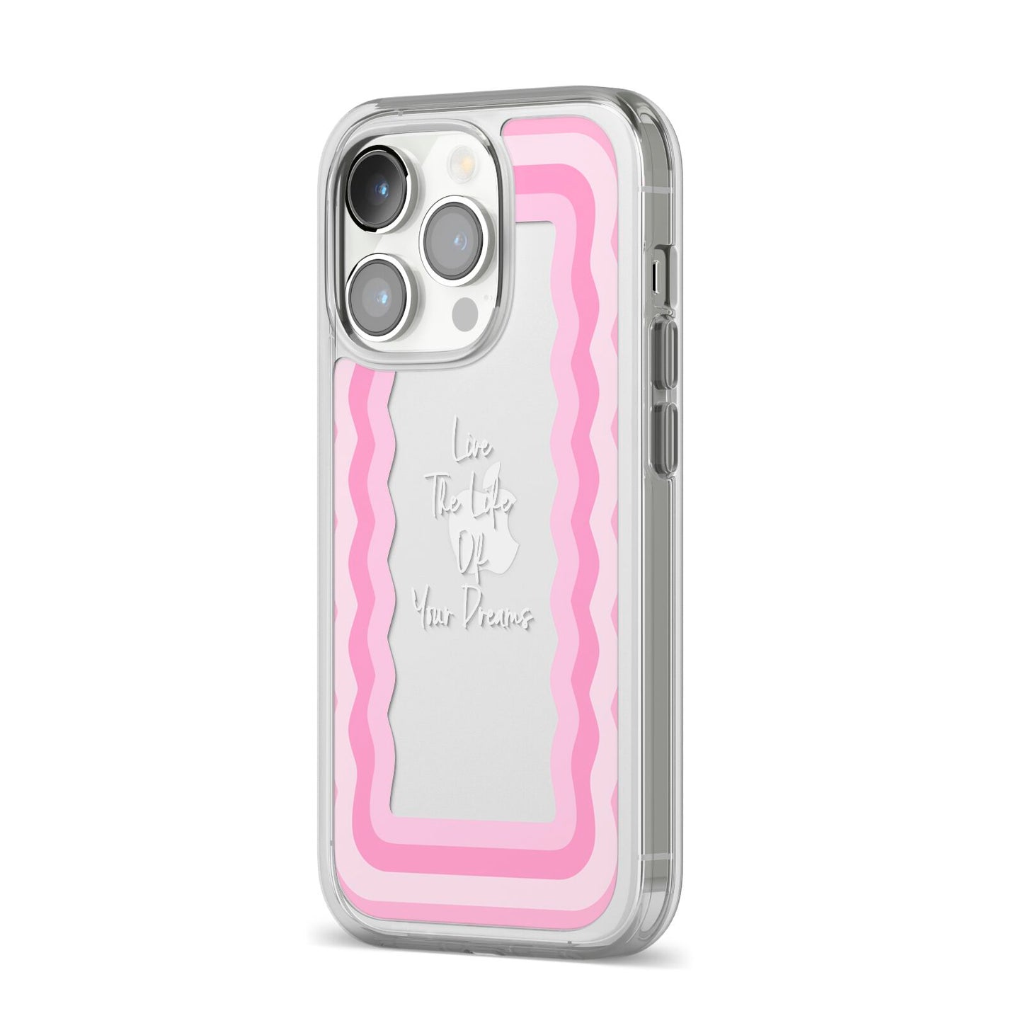 Pink Mirror Quote iPhone 14 Pro Clear Tough Case Silver Angled Image