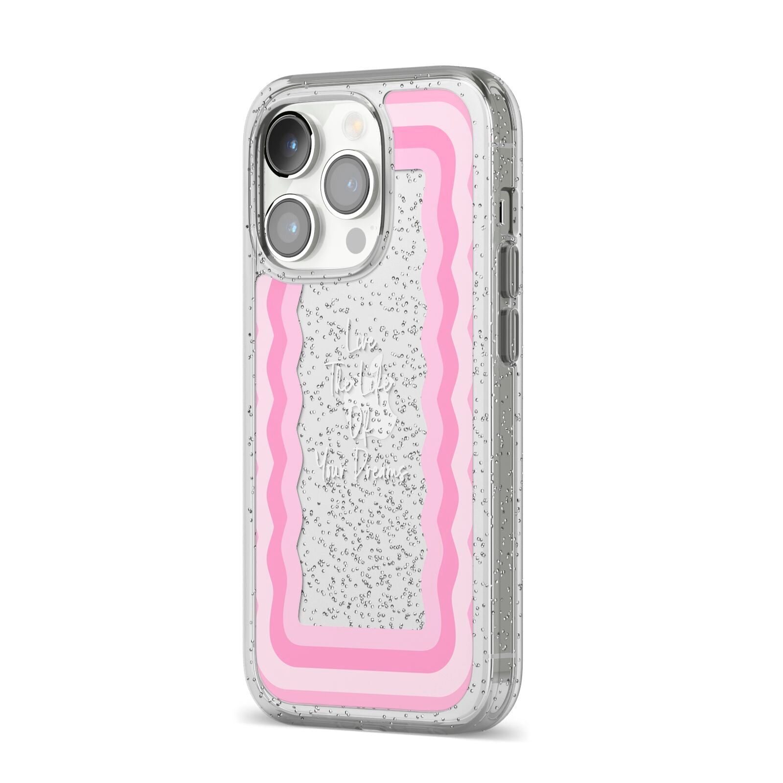 Pink Mirror Quote iPhone 14 Pro Glitter Tough Case Silver Angled Image