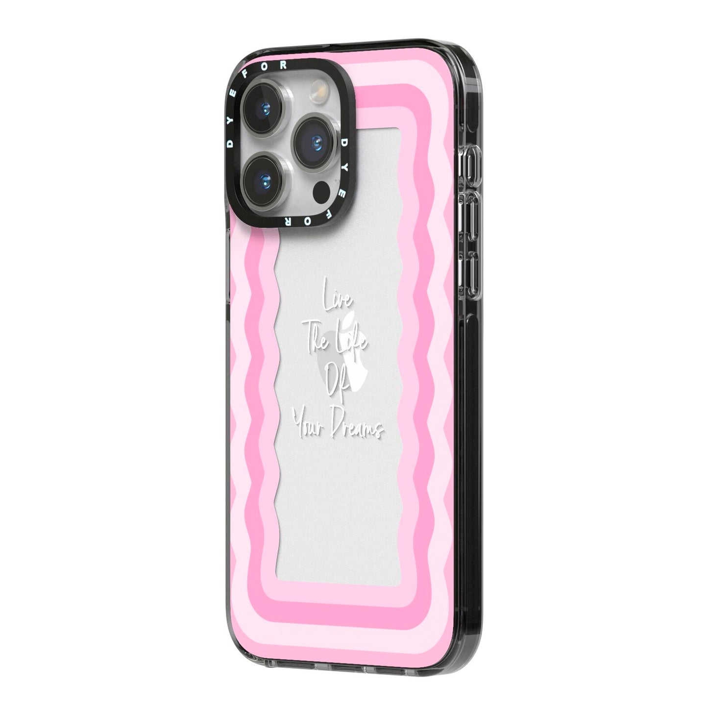 Pink Mirror Quote iPhone 14 Pro Max Black Impact Case Side Angle on Silver phone