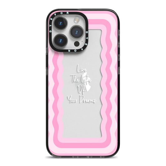 Pink Mirror Quote iPhone 14 Pro Max Black Impact Case on Silver phone