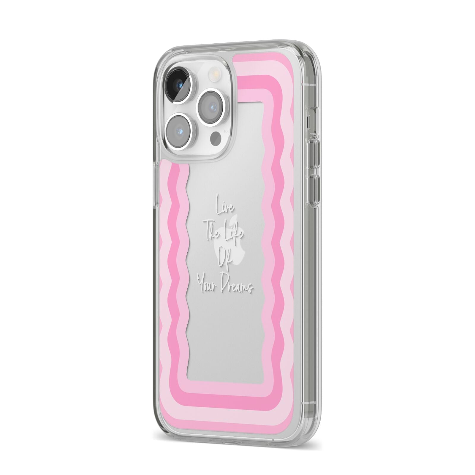 Pink Mirror Quote iPhone 14 Pro Max Clear Tough Case Silver Angled Image