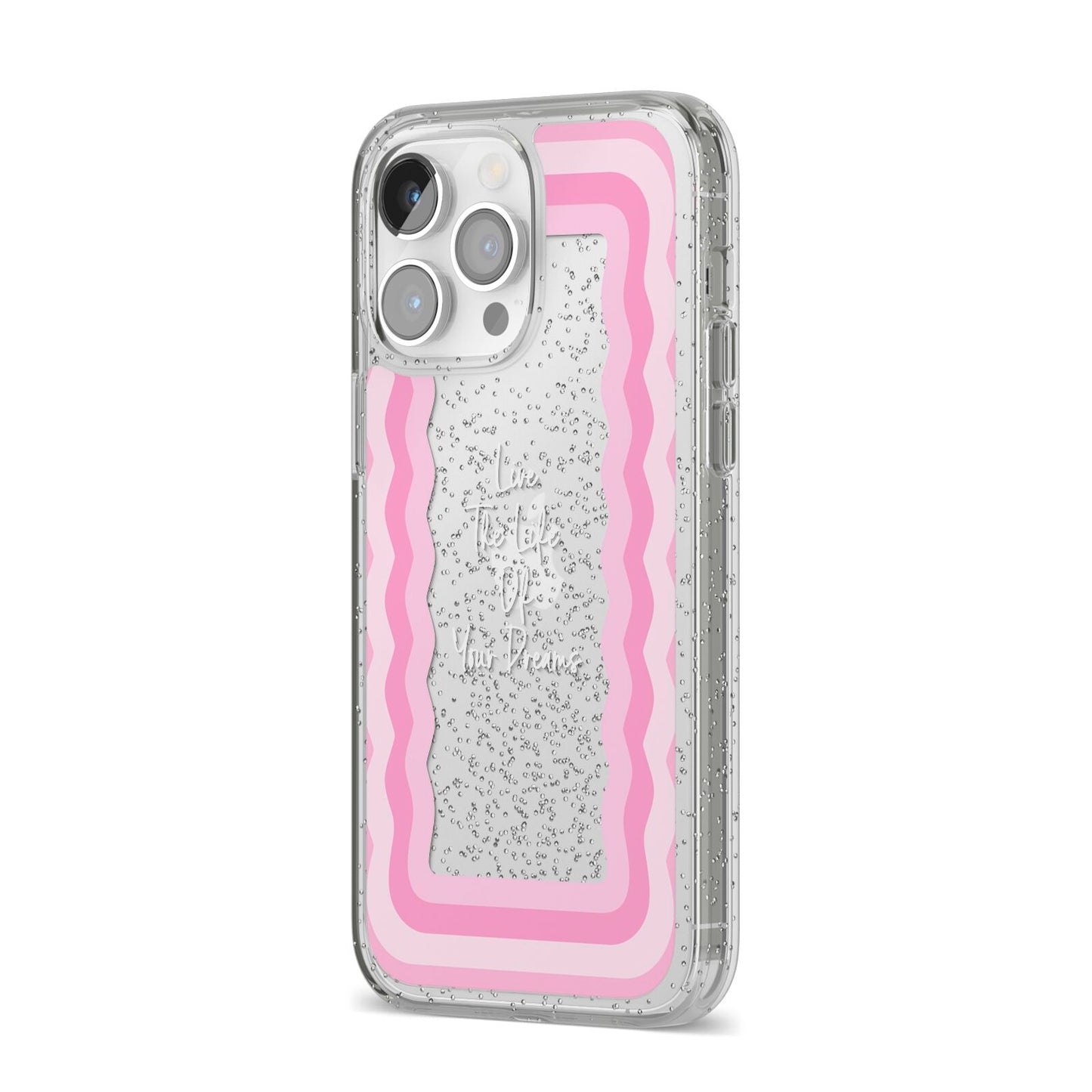 Pink Mirror Quote iPhone 14 Pro Max Glitter Tough Case Silver Angled Image