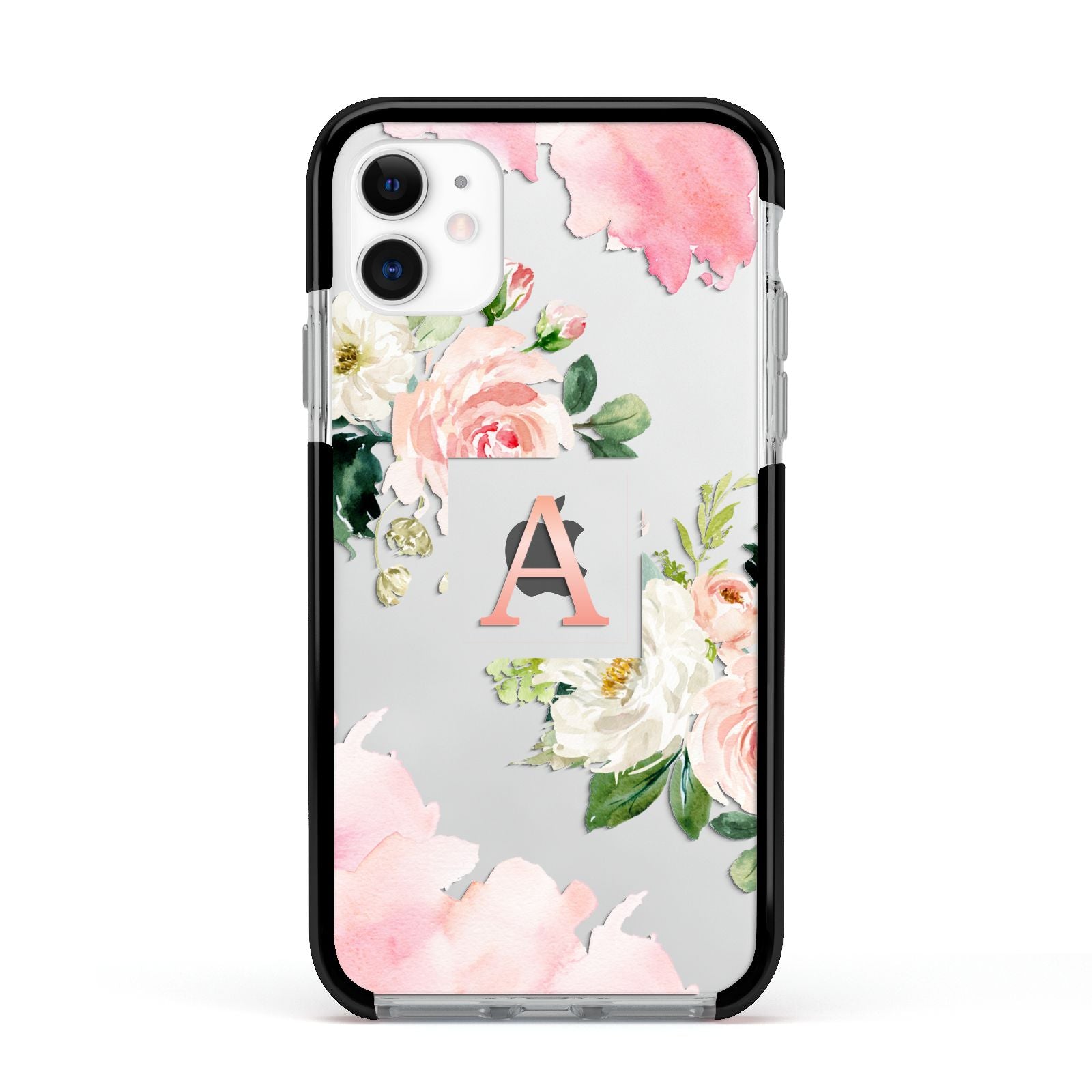 Pink Monogram Floral Roses Personalised Apple iPhone 11 in White with Black Impact Case