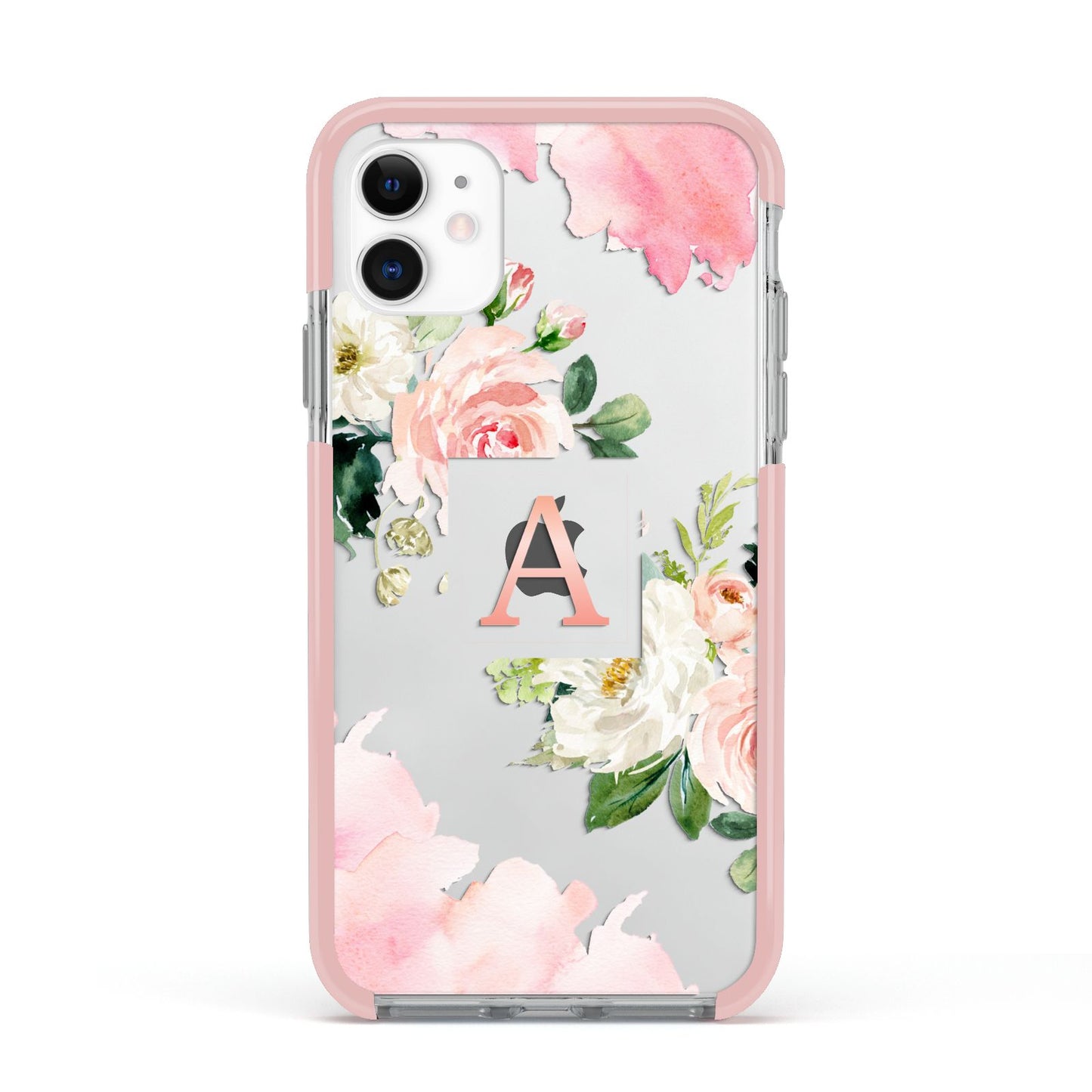 Pink Monogram Floral Roses Personalised Apple iPhone 11 in White with Pink Impact Case