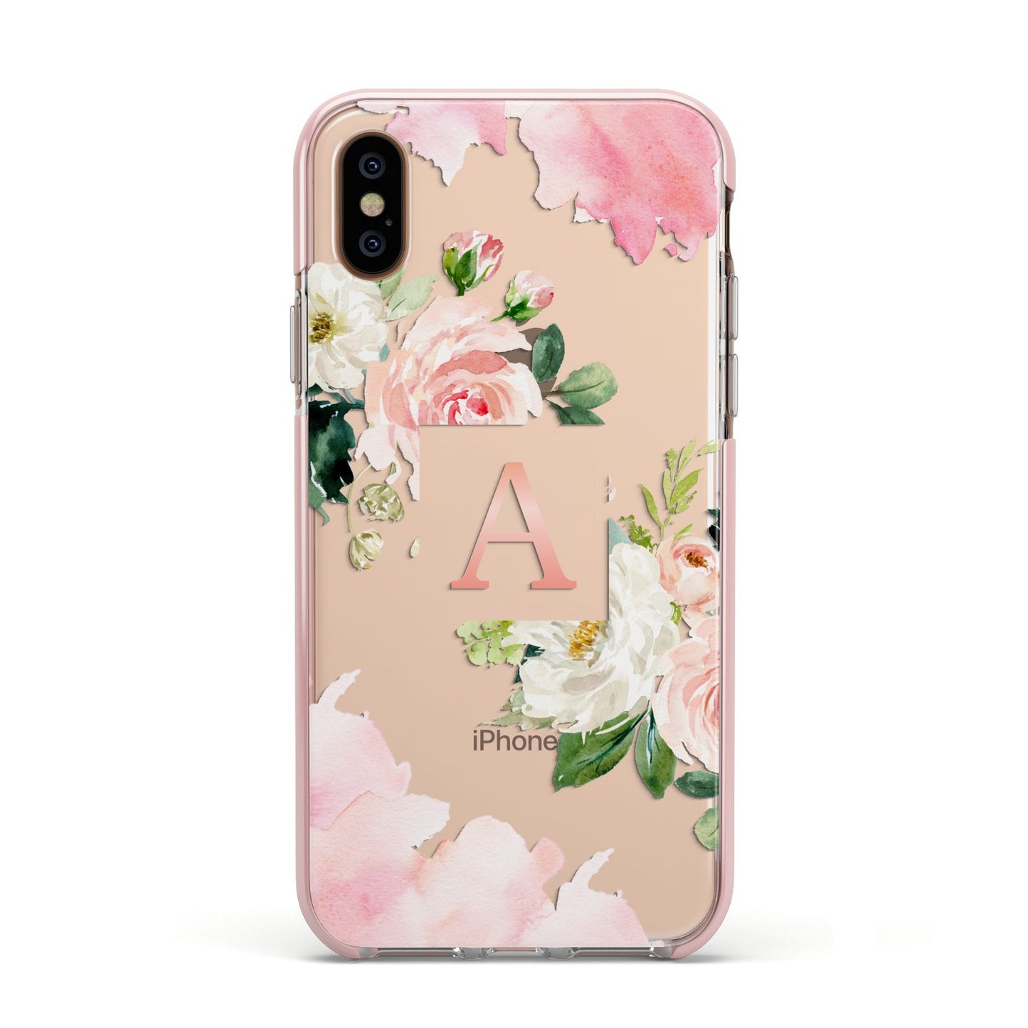 Pink Monogram Floral Roses Personalised Apple iPhone Xs Impact Case Pink Edge on Gold Phone