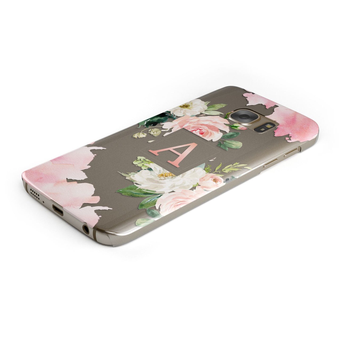 Pink Monogram Floral Roses Personalised Protective Samsung Galaxy Case Angled Image