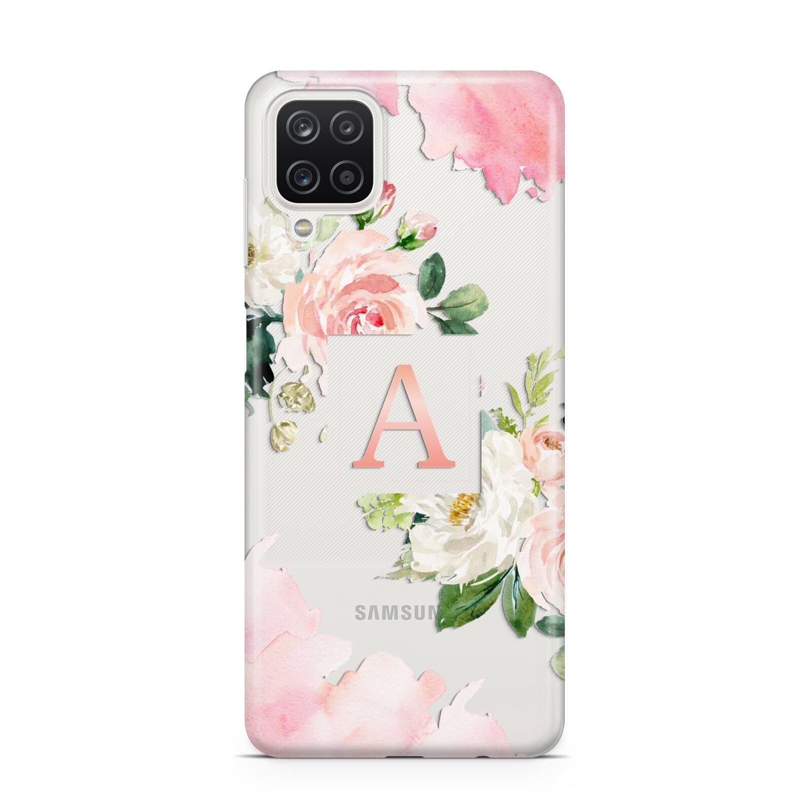 Pink Monogram Floral Roses Personalised Samsung A12 Case