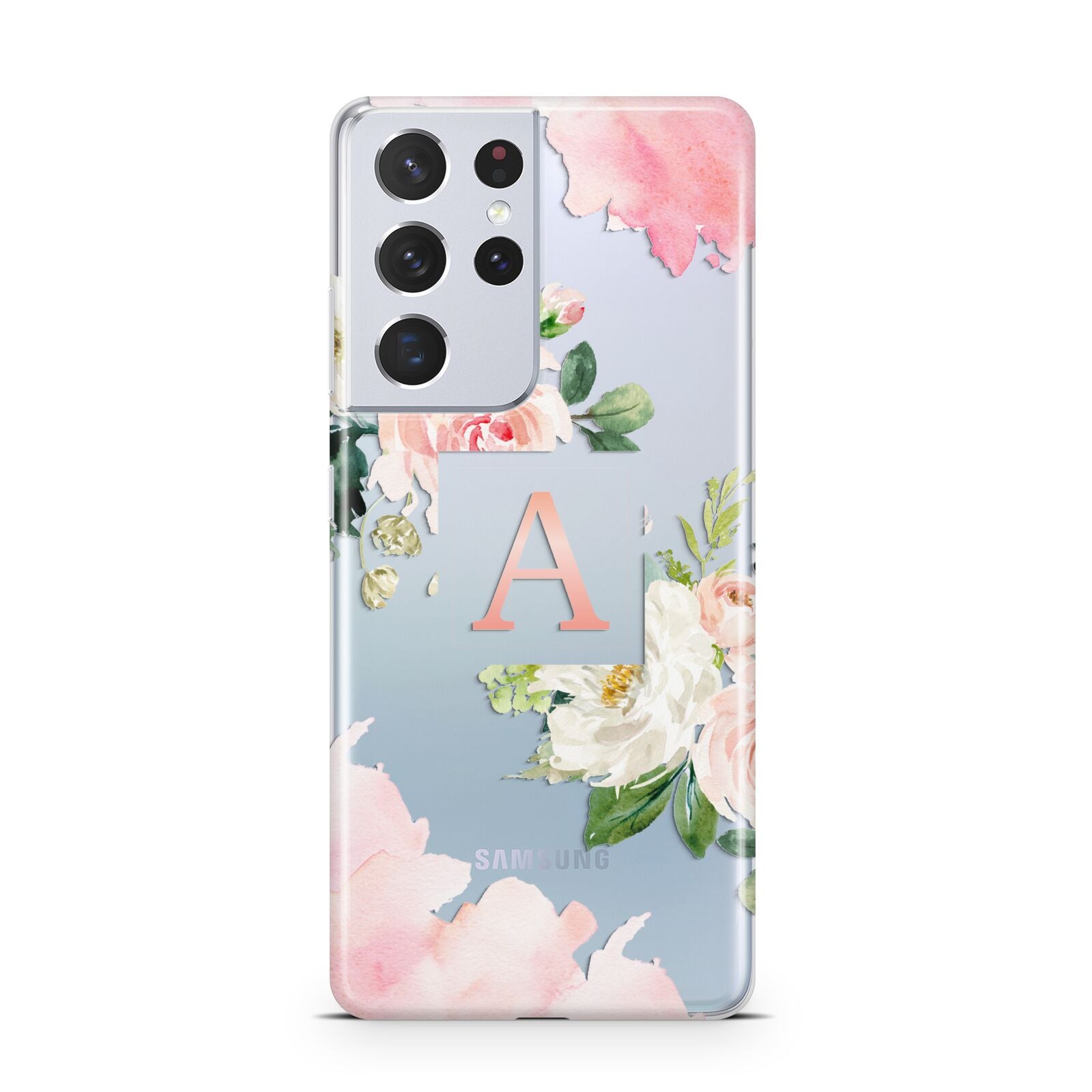 Pink Monogram Floral Roses Personalised Samsung S21 Ultra Case