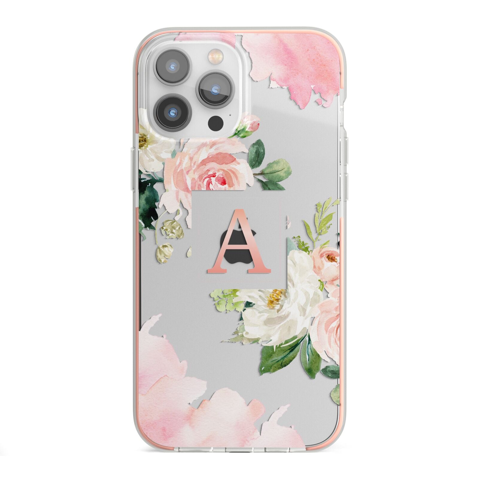 Pink Monogram Floral Roses Personalised iPhone 13 Pro Max TPU Impact Case with Pink Edges