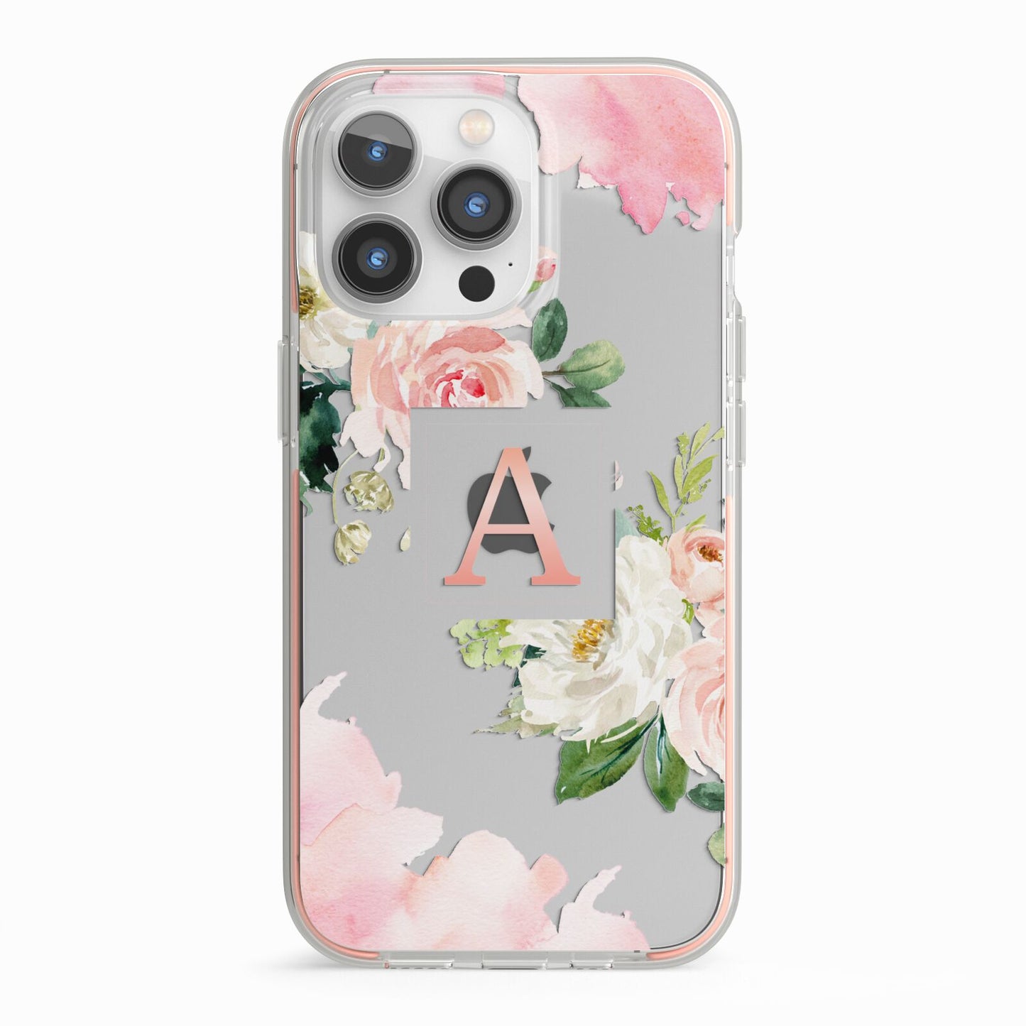 Pink Monogram Floral Roses Personalised iPhone 13 Pro TPU Impact Case with Pink Edges