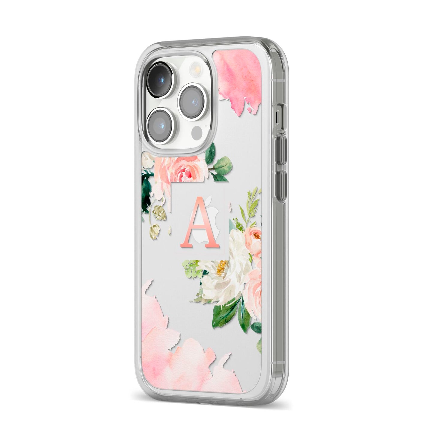 Pink Monogram Floral Roses Personalised iPhone 14 Pro Clear Tough Case Silver Angled Image