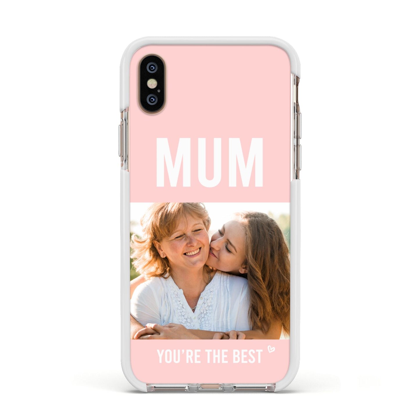 Pink Mothers Day Photo Apple iPhone Xs Impact Case White Edge on Gold Phone