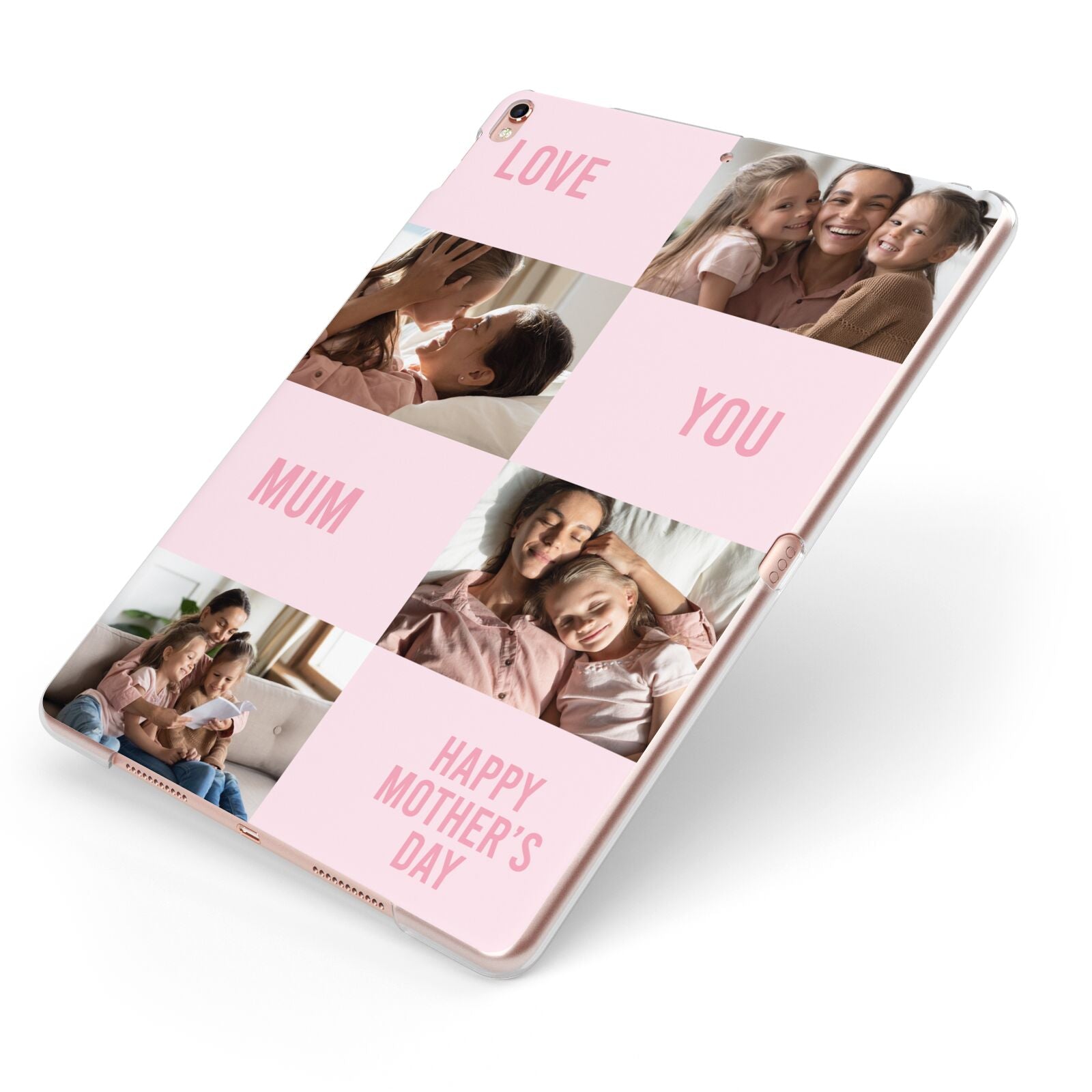 Pink Mothers Day Photo Collage Apple iPad Case on Rose Gold iPad Side View