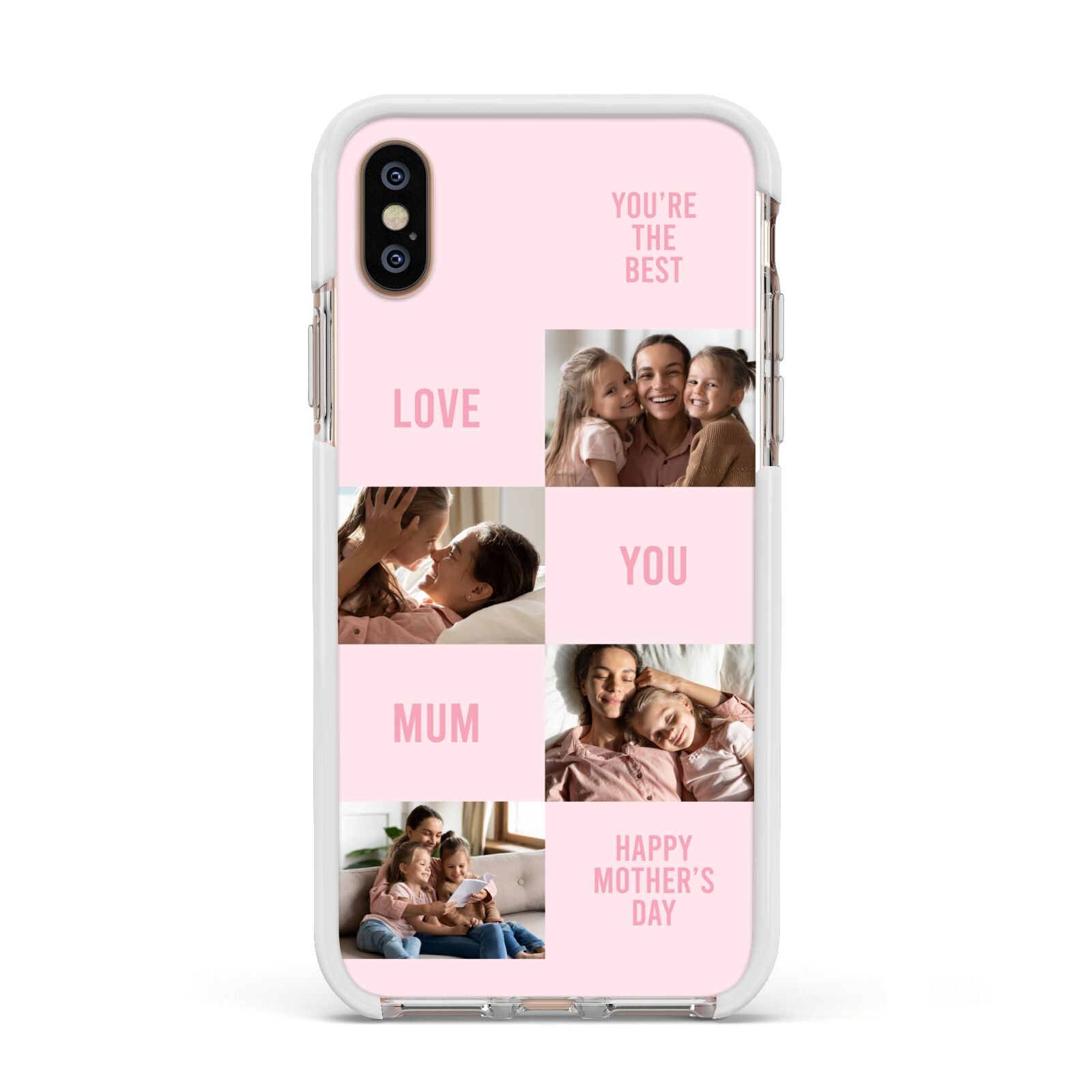 Pink Mothers Day Photo Collage Apple iPhone Xs Impact Case White Edge on Gold Phone