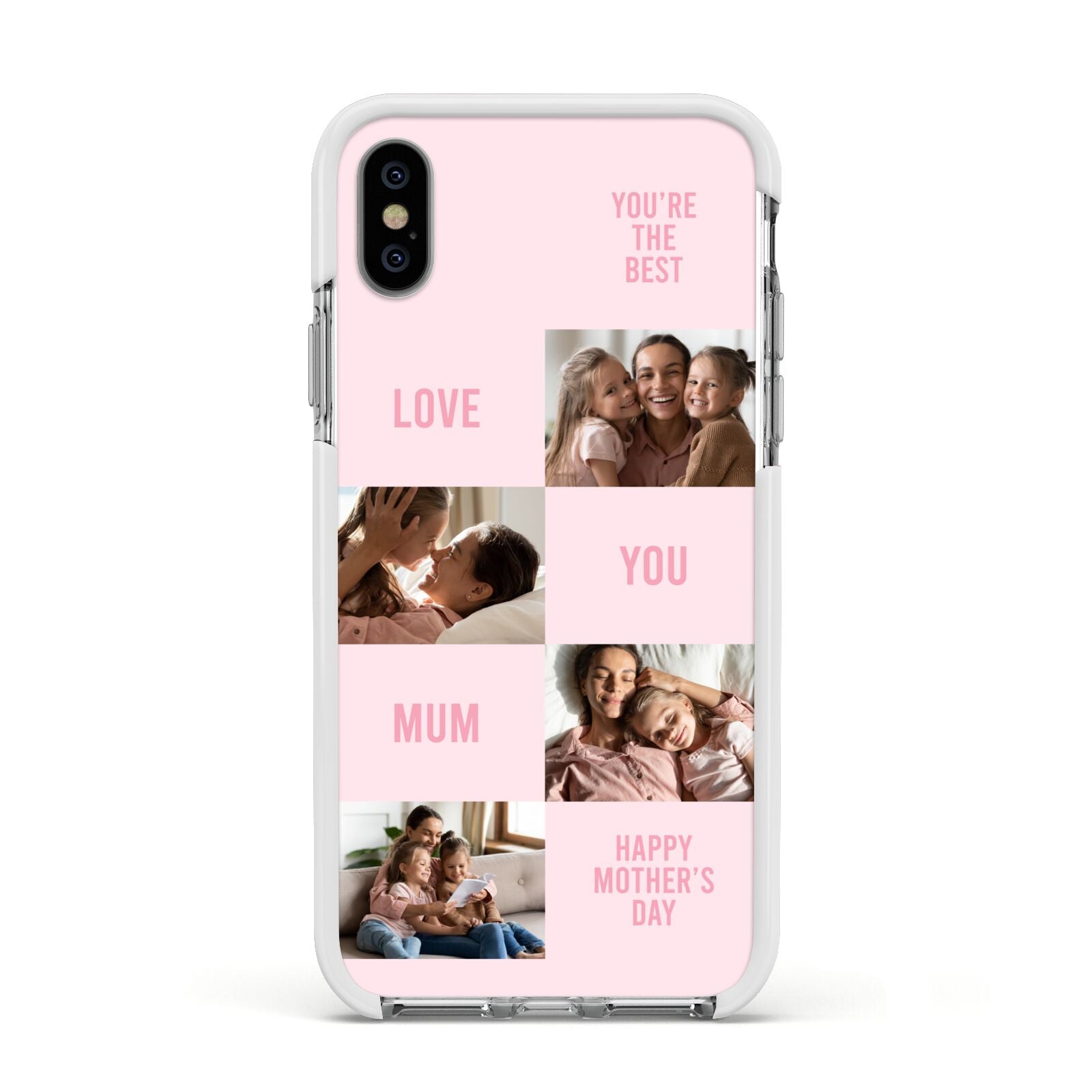 Pink Mothers Day Photo Collage Apple iPhone Xs Impact Case White Edge on Silver Phone