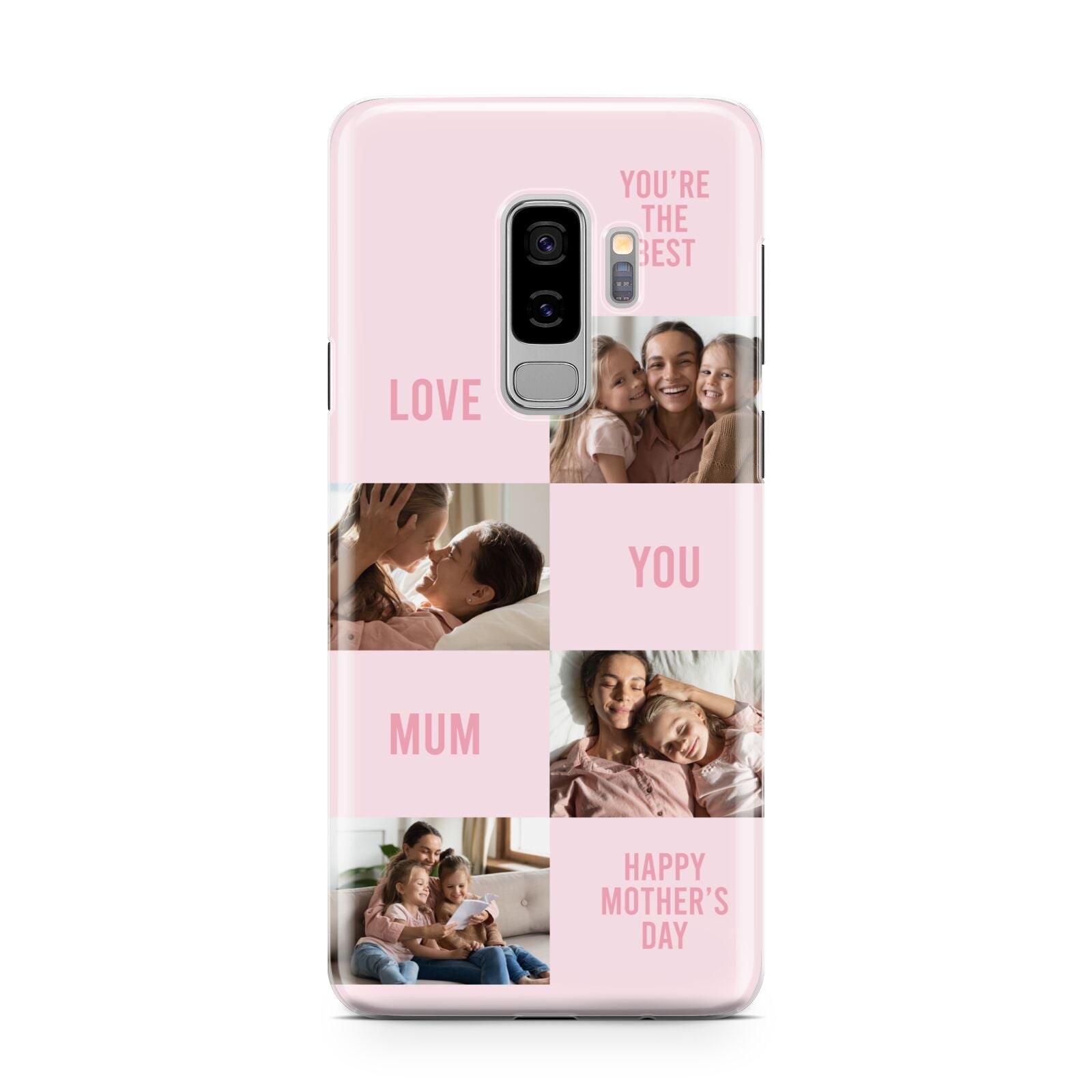 Pink Mothers Day Photo Collage Samsung Galaxy S9 Plus Case on Silver phone